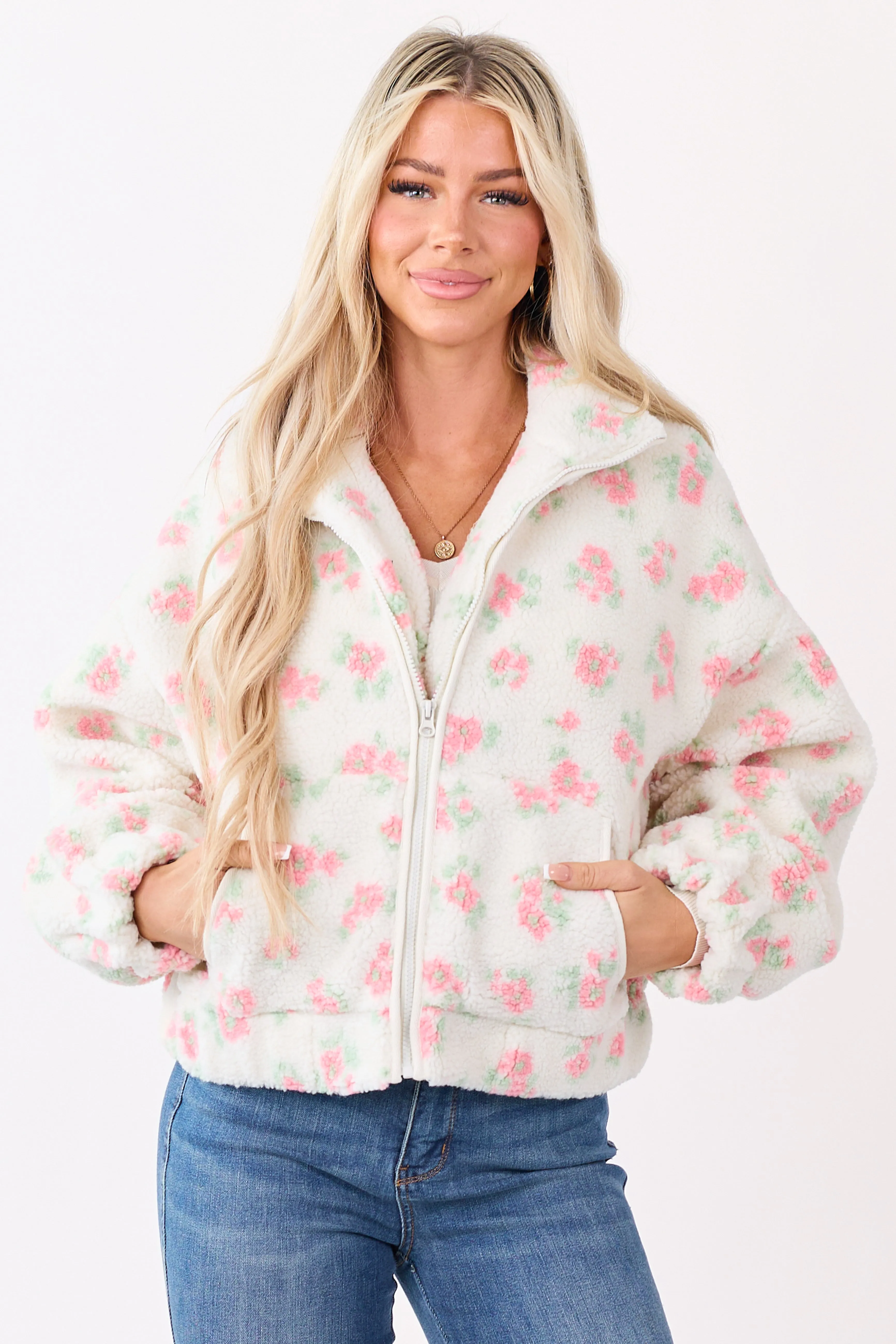 Vanilla Floral Pattern Zip Up Sherpa Jacket sold by Lime Lush product image thumbnail 5