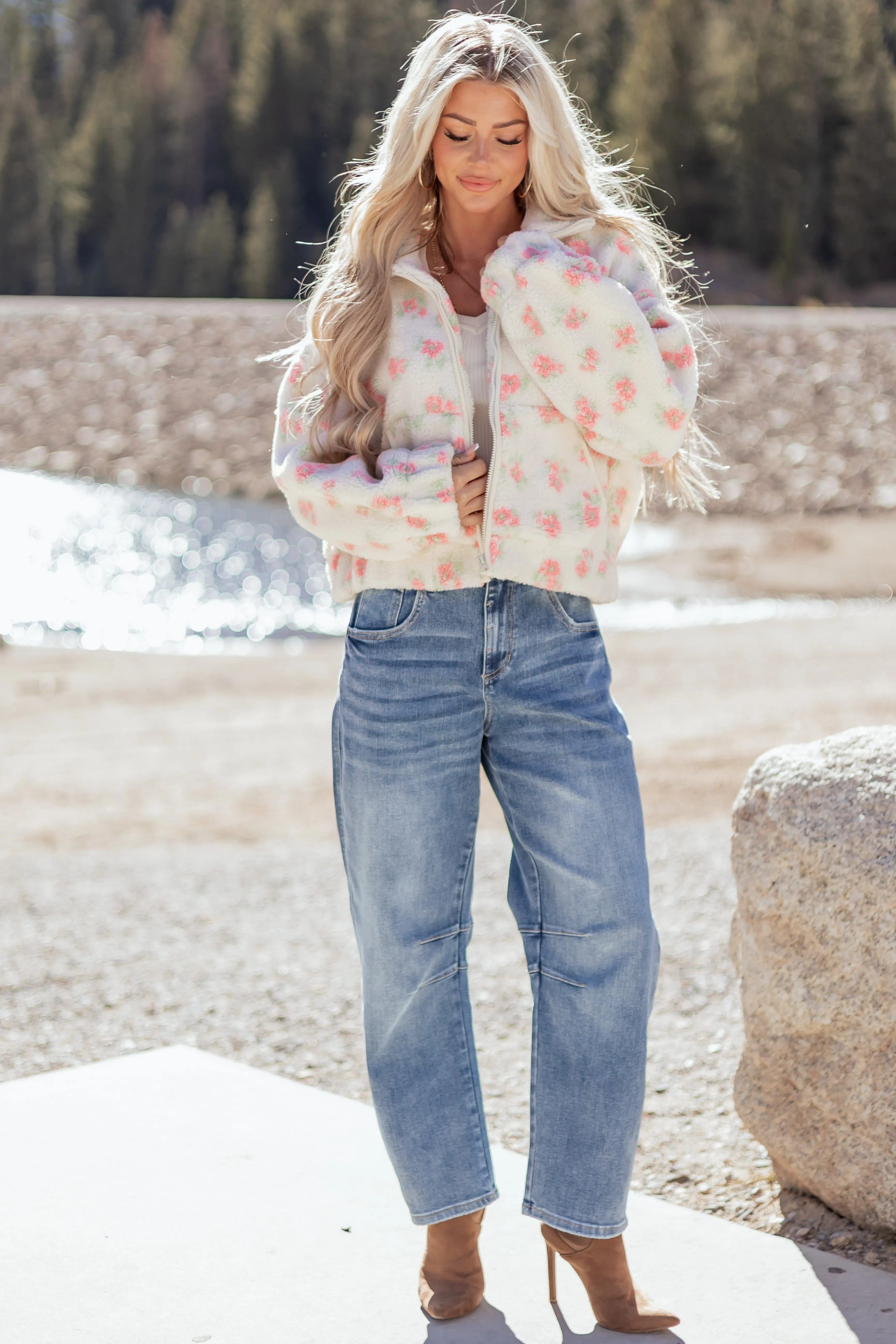 Vanilla Floral Pattern Zip Up Sherpa Jacket sold by Lime Lush product image thumbnail 3