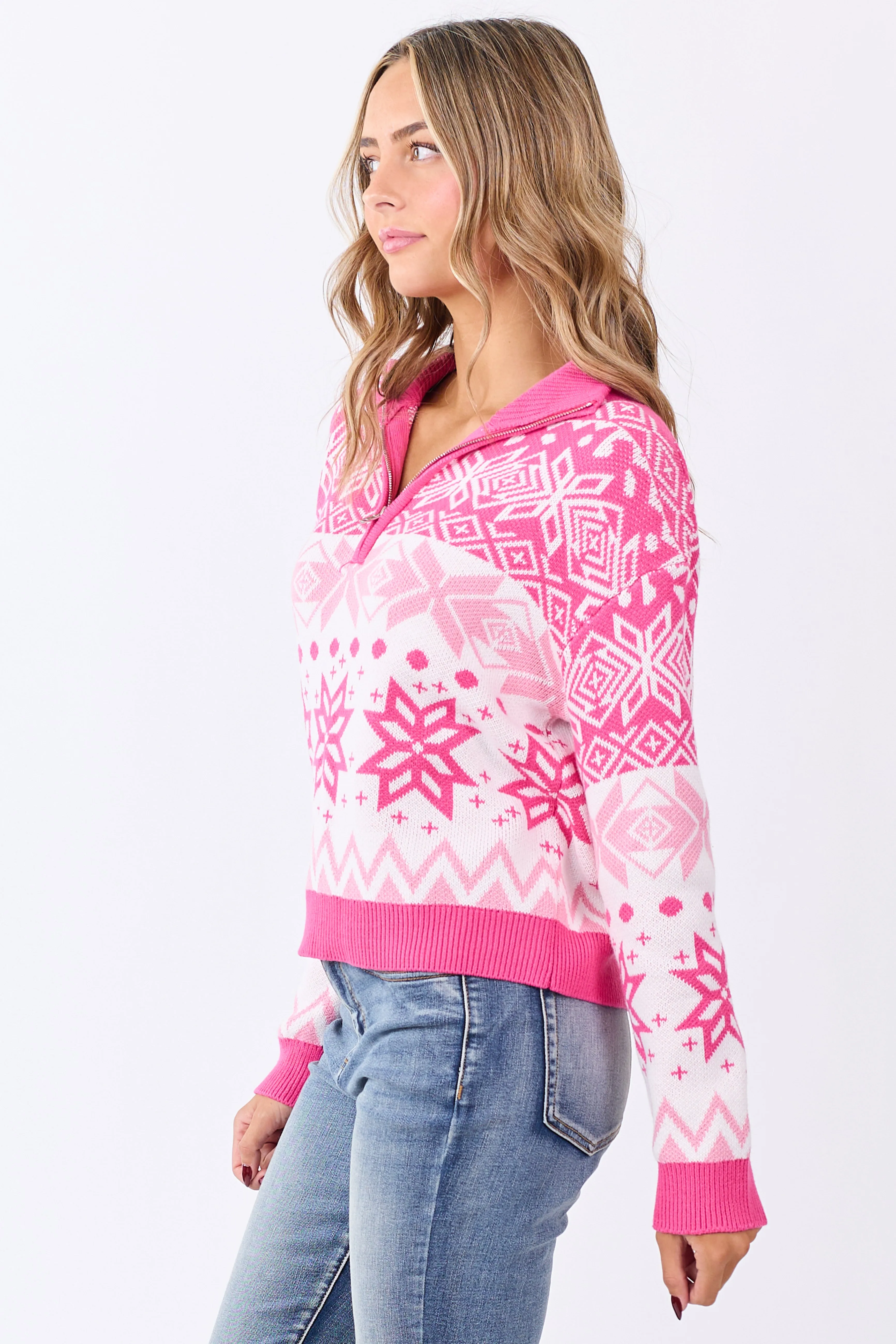Bubblegum Fair Isle Snowflake Pattern Zip Up Sweater sold by Lime Lush product image thumbnail 5