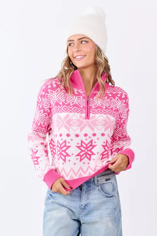 Bubblegum Fair Isle Snowflake Pattern Zip Up Sweater sold by Lime Lush
