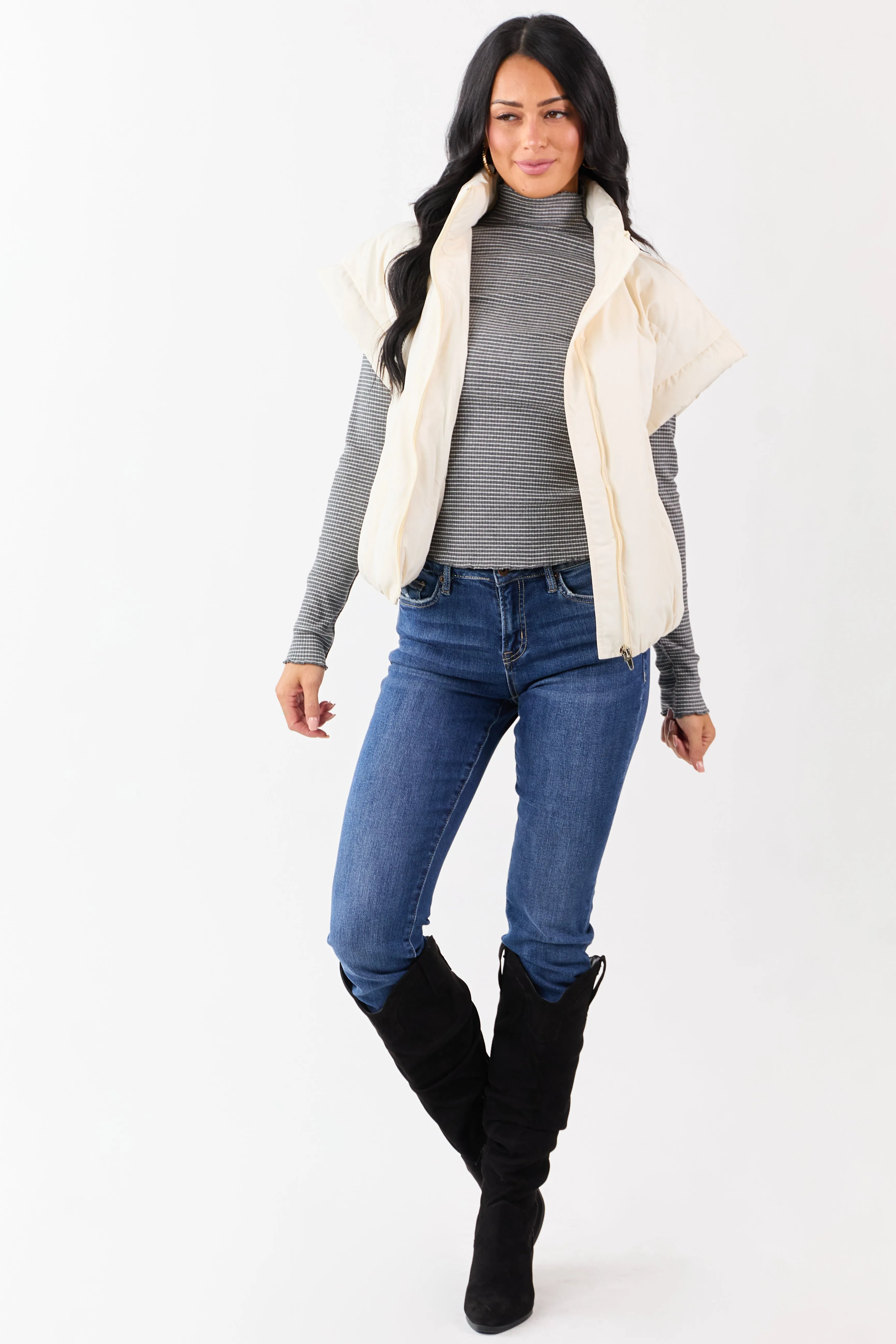 Vanilla Mock Neck Zip Up Quilted Puffer Vest sold by Lime Lush product image thumbnail 3