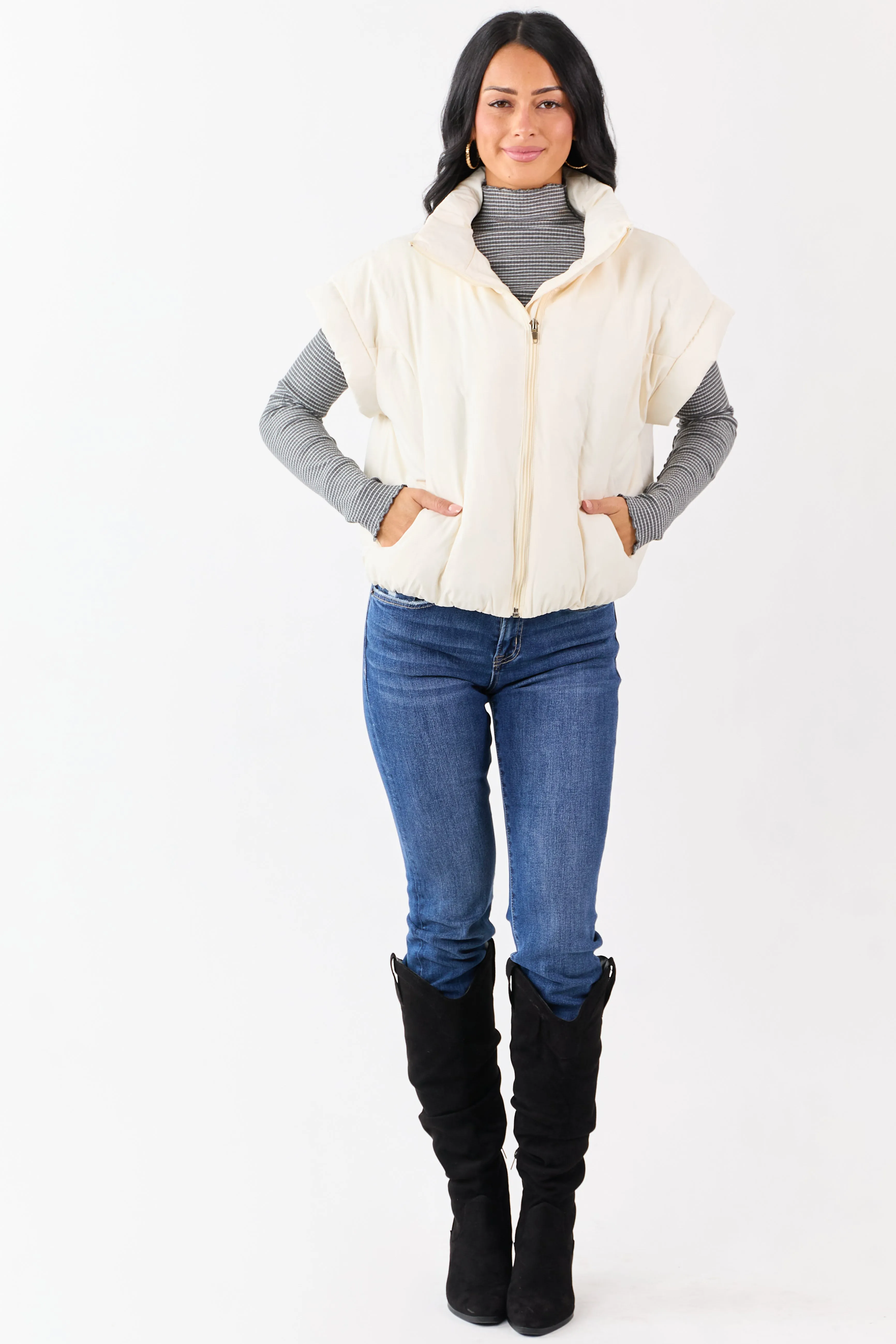 Vanilla Mock Neck Zip Up Quilted Puffer Vest sold by Lime Lush product image thumbnail 4