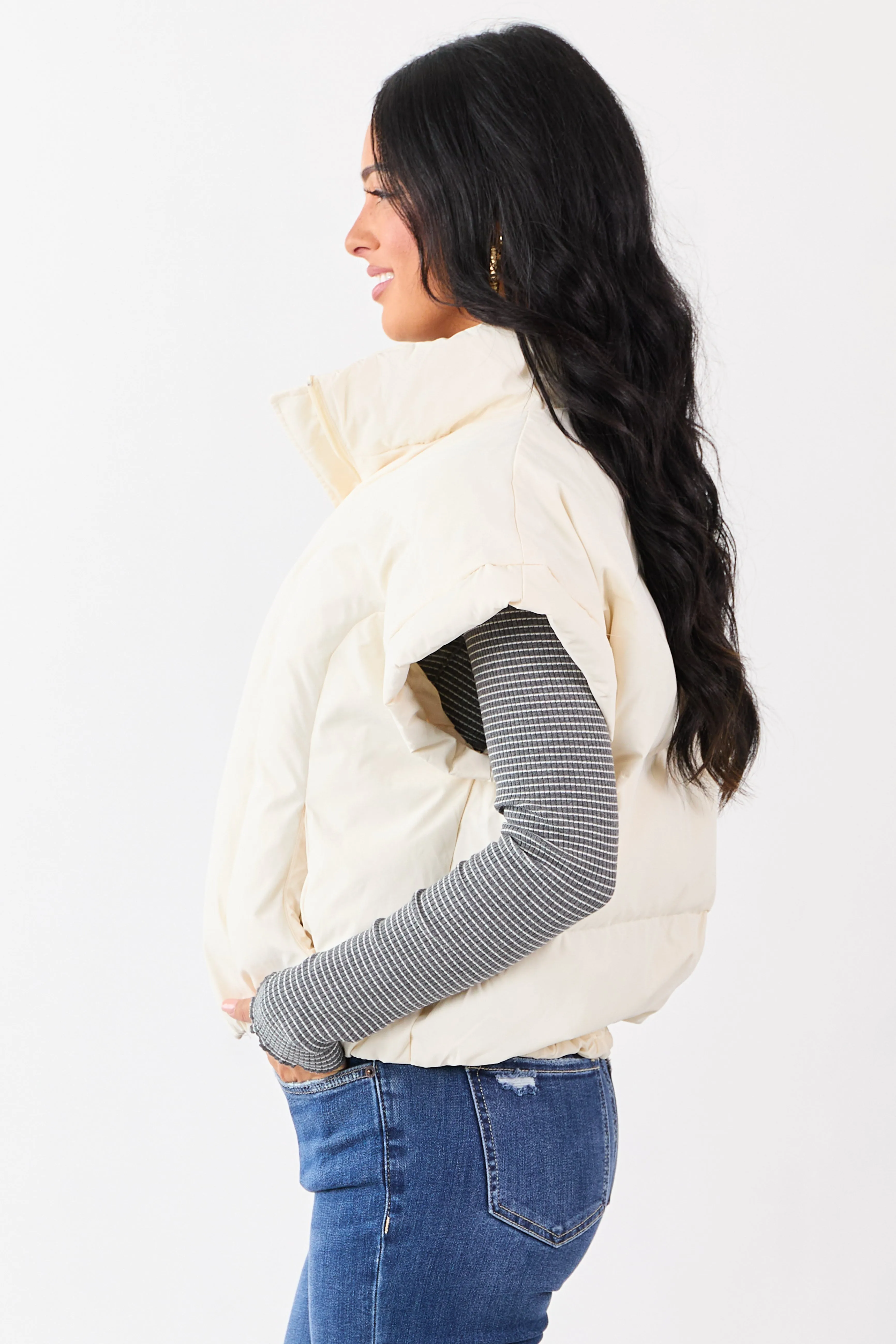 Vanilla Mock Neck Zip Up Quilted Puffer Vest sold by Lime Lush product image thumbnail 5