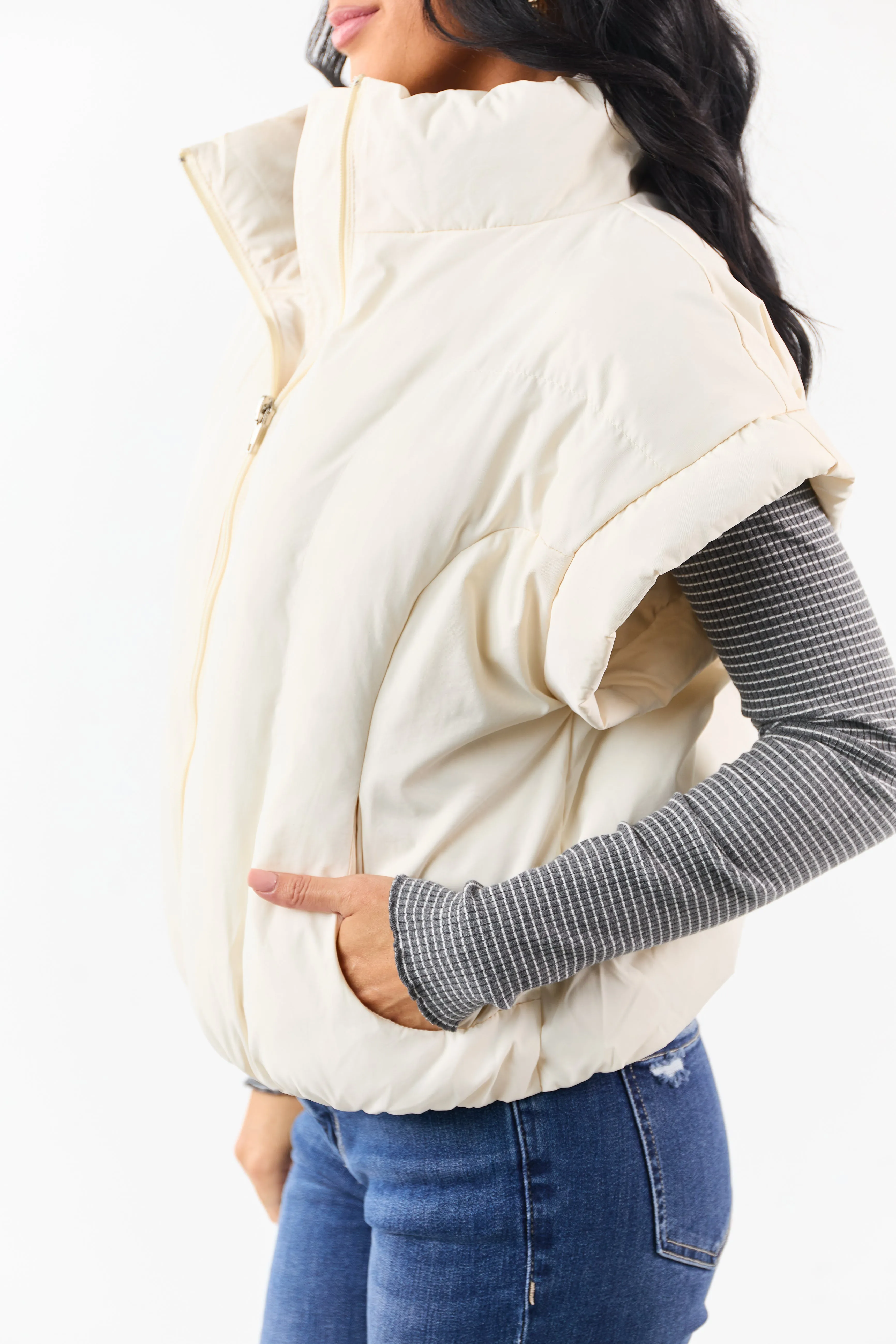 Vanilla Mock Neck Zip Up Quilted Puffer Vest sold by Lime Lush product image thumbnail 2