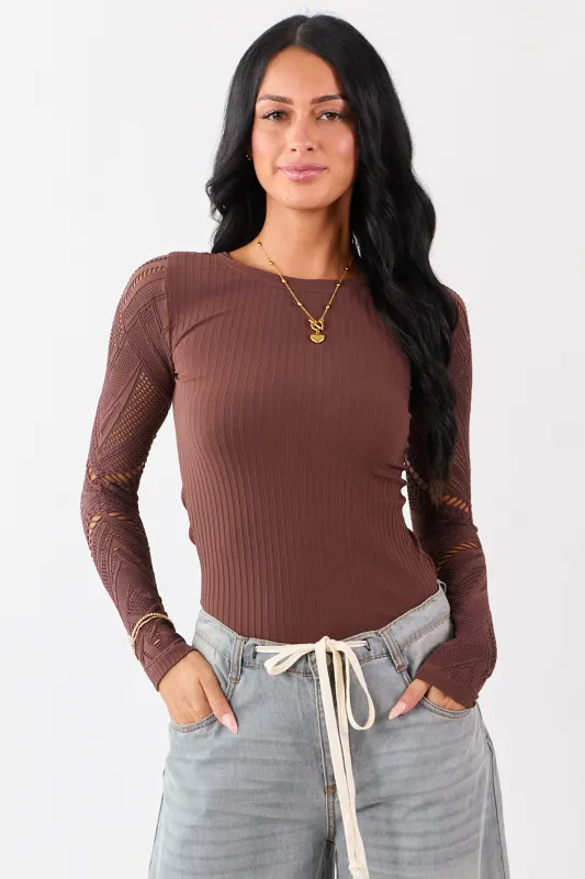 Light Cocoa Eyelet Sleeve Round Neck Knit Top sold by Lime Lush