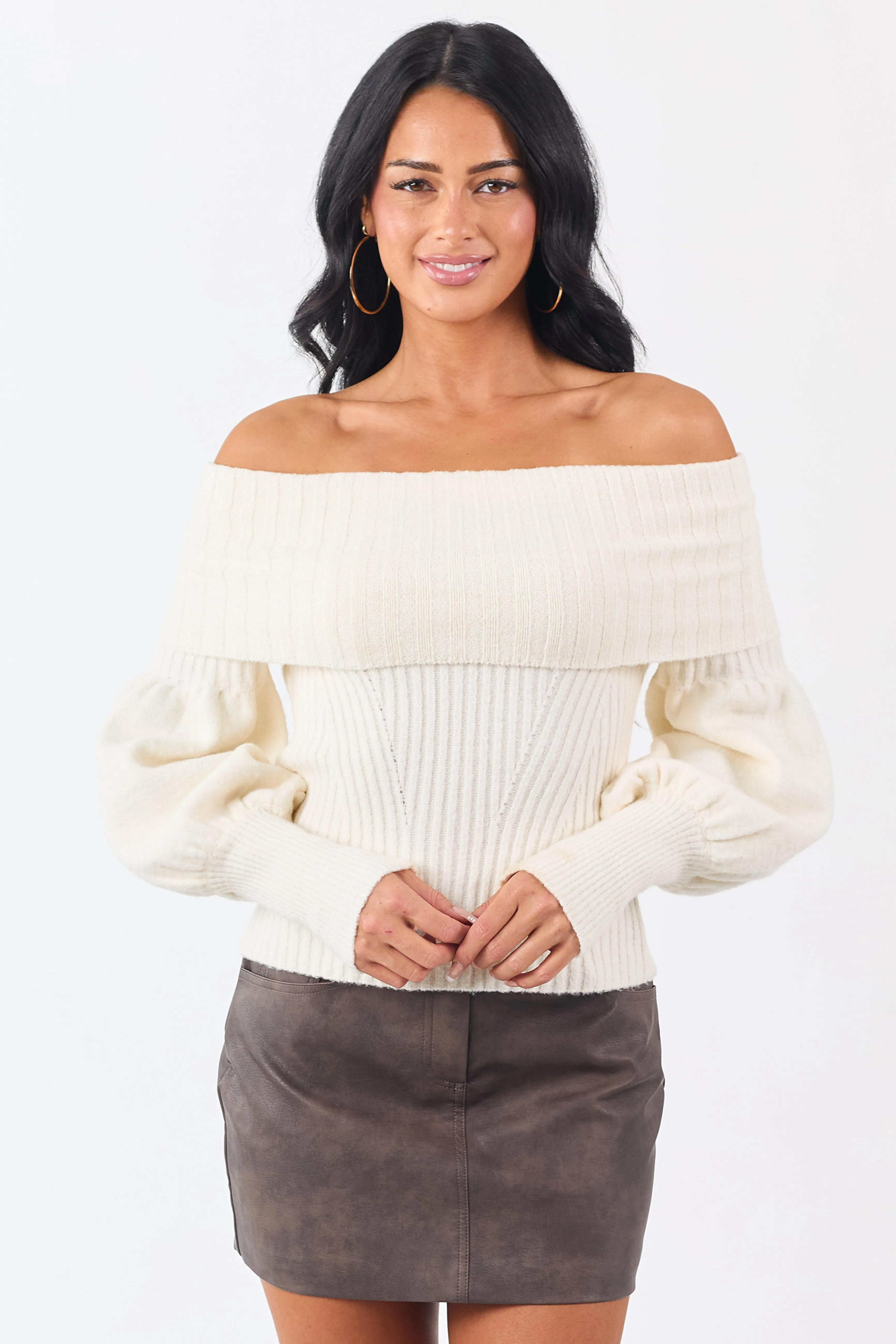 Cream Off Shoulder Long Puff Sleeve Sweater sold by Lime Lush