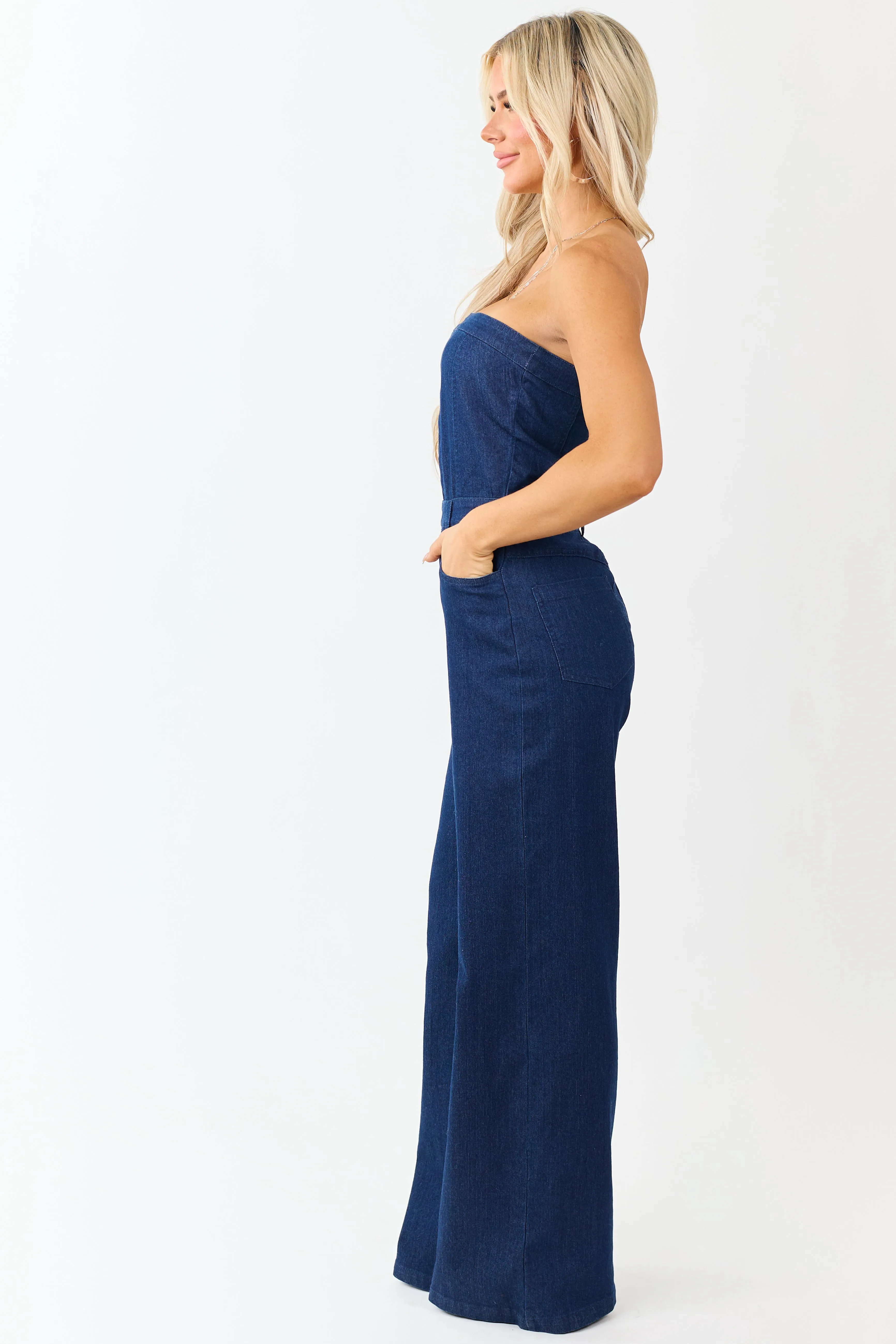 Dark Wash Stretchy Denim Strapless Jumpsuit sold by Lime Lush product image thumbnail 4