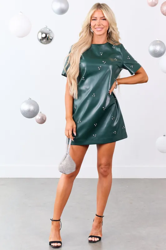 Lovelo Forest Green Faux Leather Rhinestone Mini Dress sold by Lime Lush