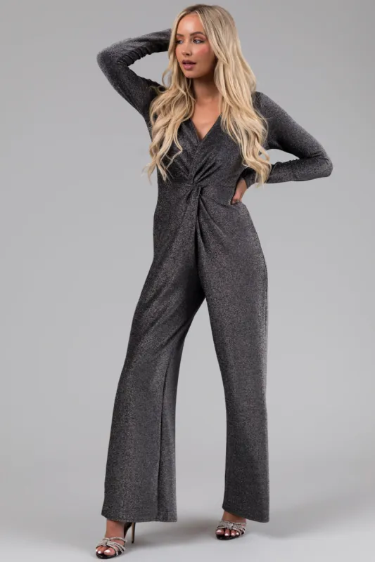 Silver Metallic Long Sleeve V Neck Jumpsuit sold by Lime Lush