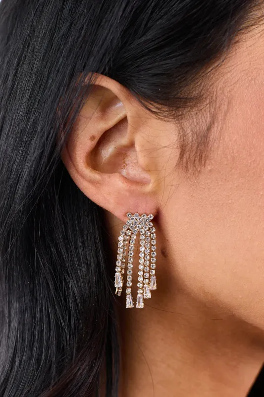 Gold Metallic Clear Rhinestone Fringe Dangle Earrings sold by Lime Lush