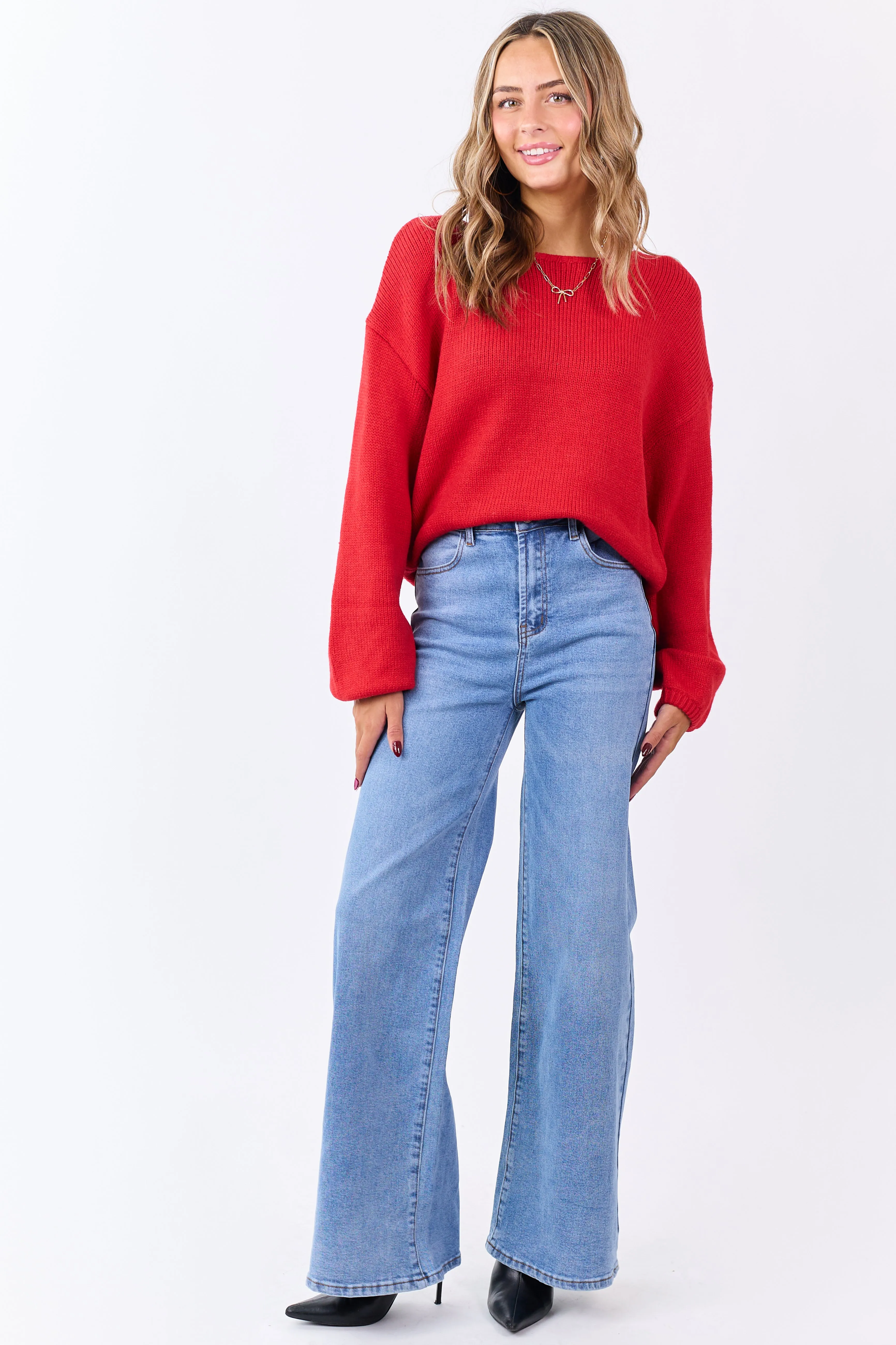 Lipstick Low Bow Back Bubble Sleeve Knit Sweater sold by Lime Lush product image thumbnail 4