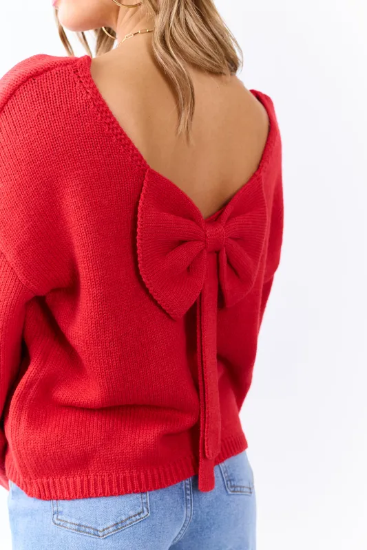 Lipstick Low Bow Back Bubble Sleeve Knit Sweater sold by Lime Lush