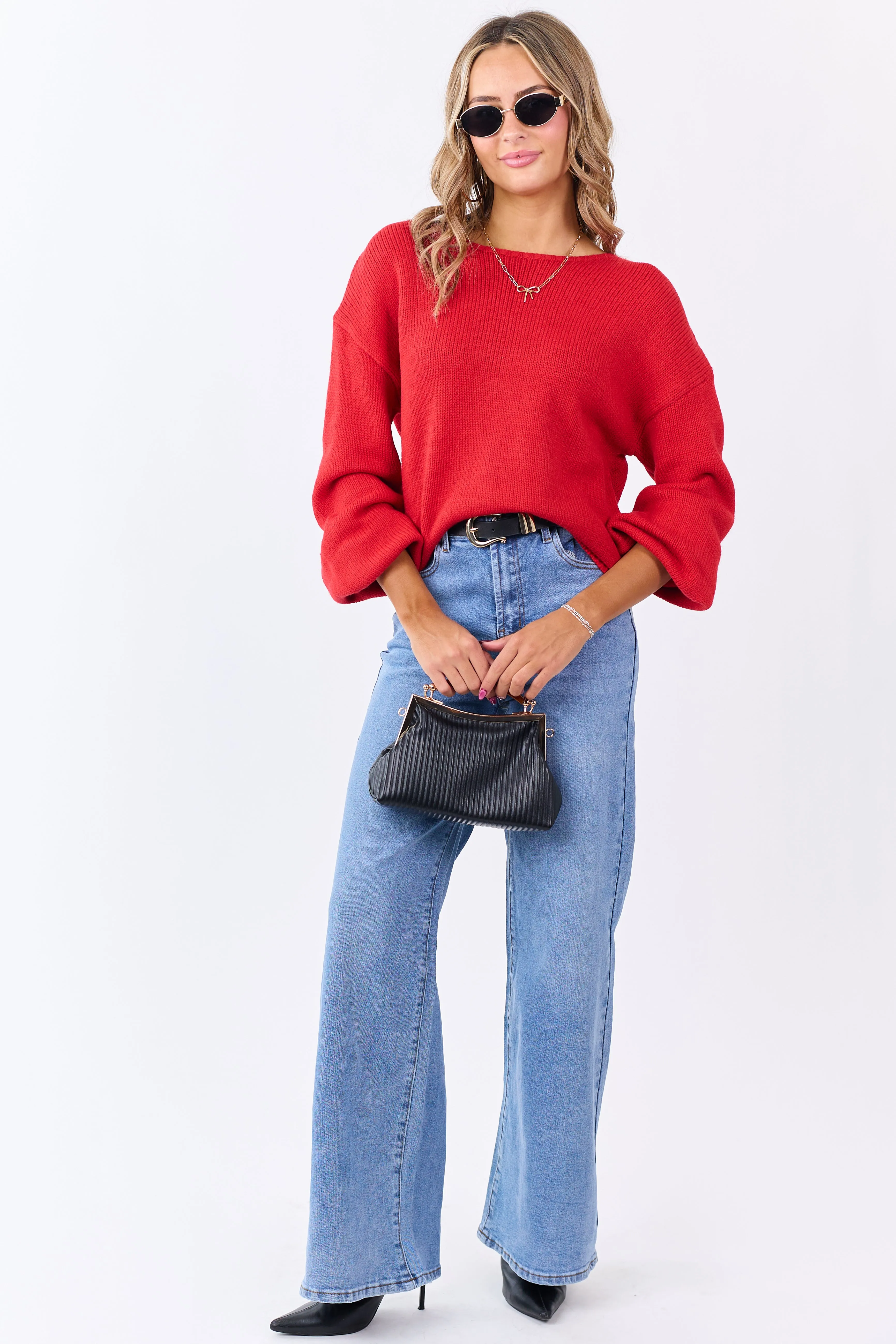 Lipstick Low Bow Back Bubble Sleeve Knit Sweater sold by Lime Lush product image thumbnail 5