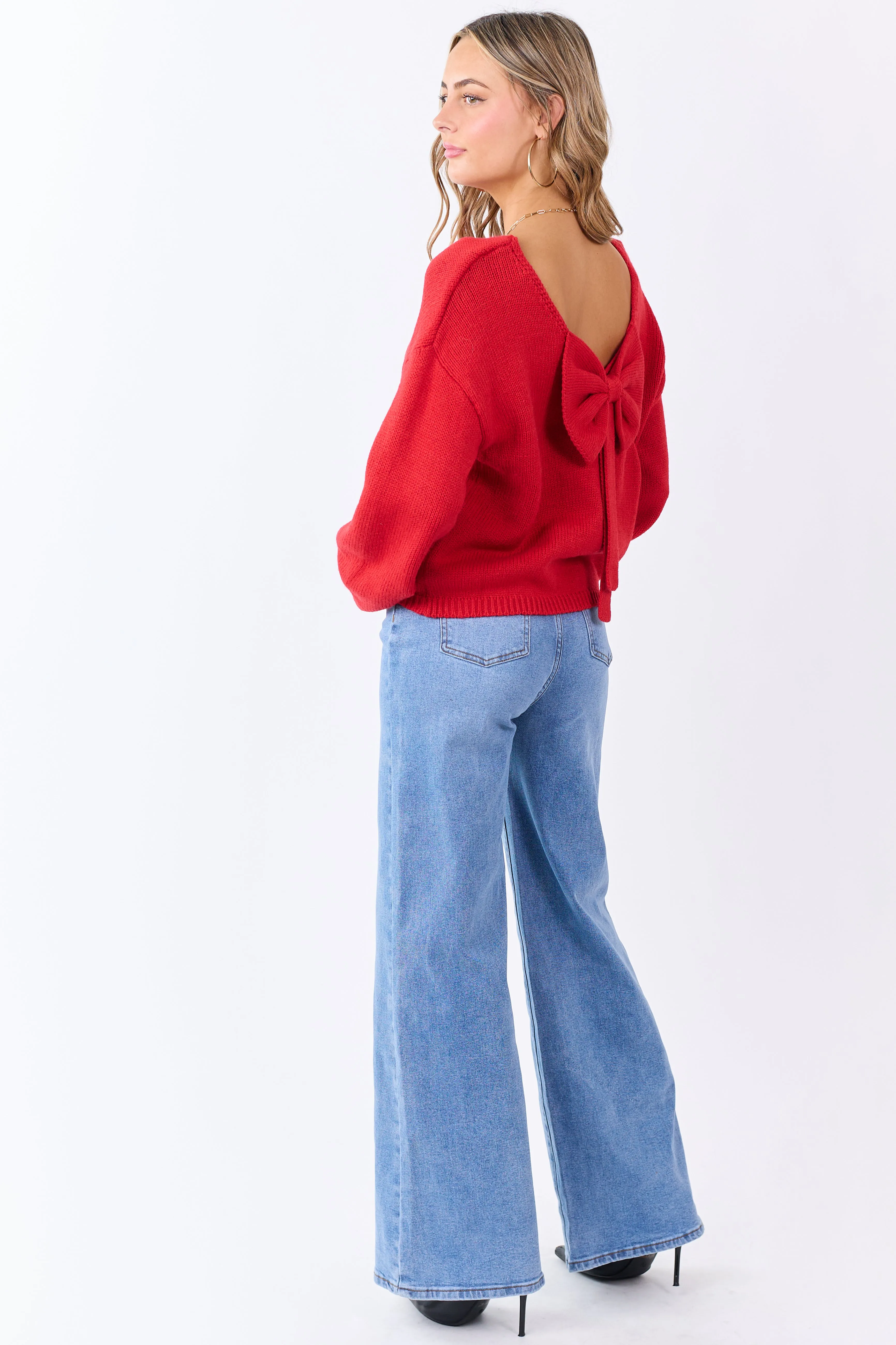 Lipstick Low Bow Back Bubble Sleeve Knit Sweater sold by Lime Lush product image thumbnail 2