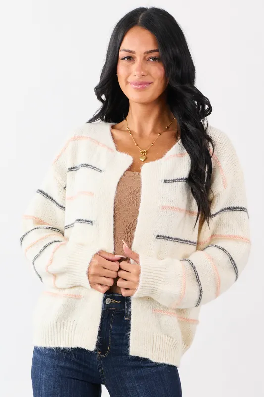 Ivory Striped Fuzzy Wool Blend Open Front Cardigan sold by Lime Lush
