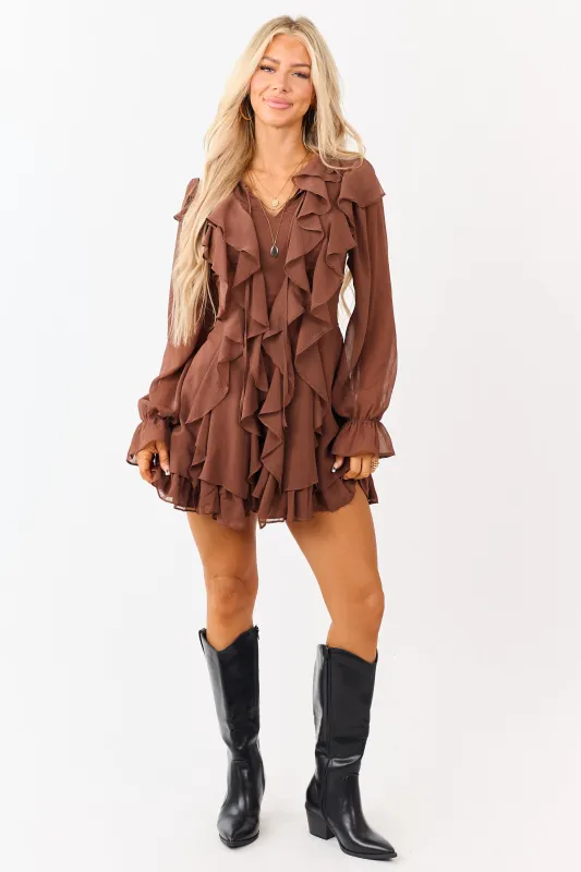 Walnut Ruffled Front Tie Long Sleeve Mini Dress sold by Lime Lush
