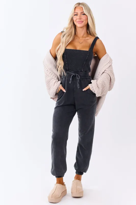 Black Washed Knit Sleeveless Jogger Jumpsuit sold by Lime Lush