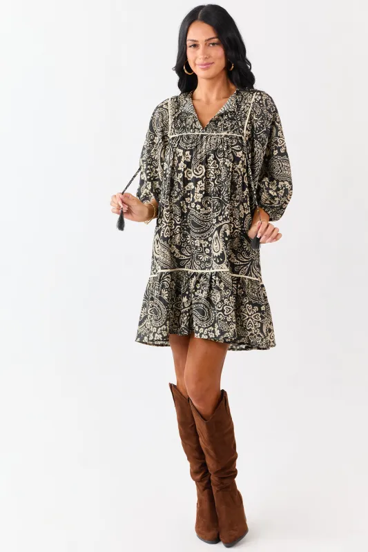 Black Paisley Print Puff Sleeve Smocked Mini Dress sold by Lime Lush