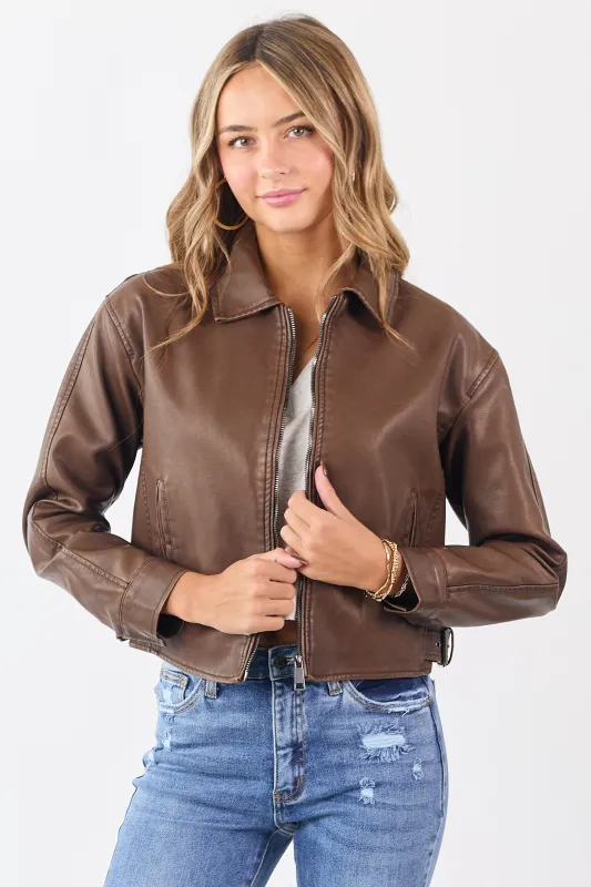 Walnut Faux Leather Collared Zip Up Jacket sold by Lime Lush