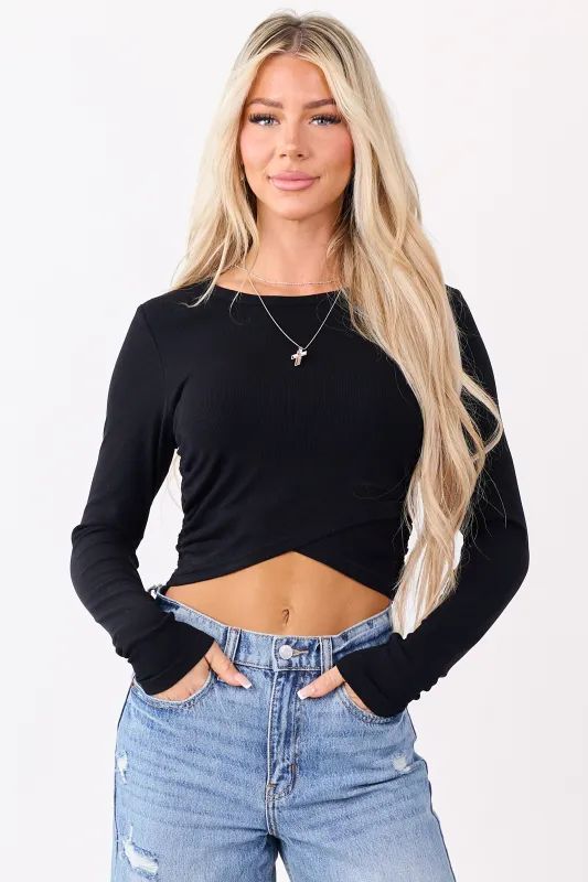 Black Long Sleeve Tulip Hem Ribbed Knit Top sold by Lime Lush