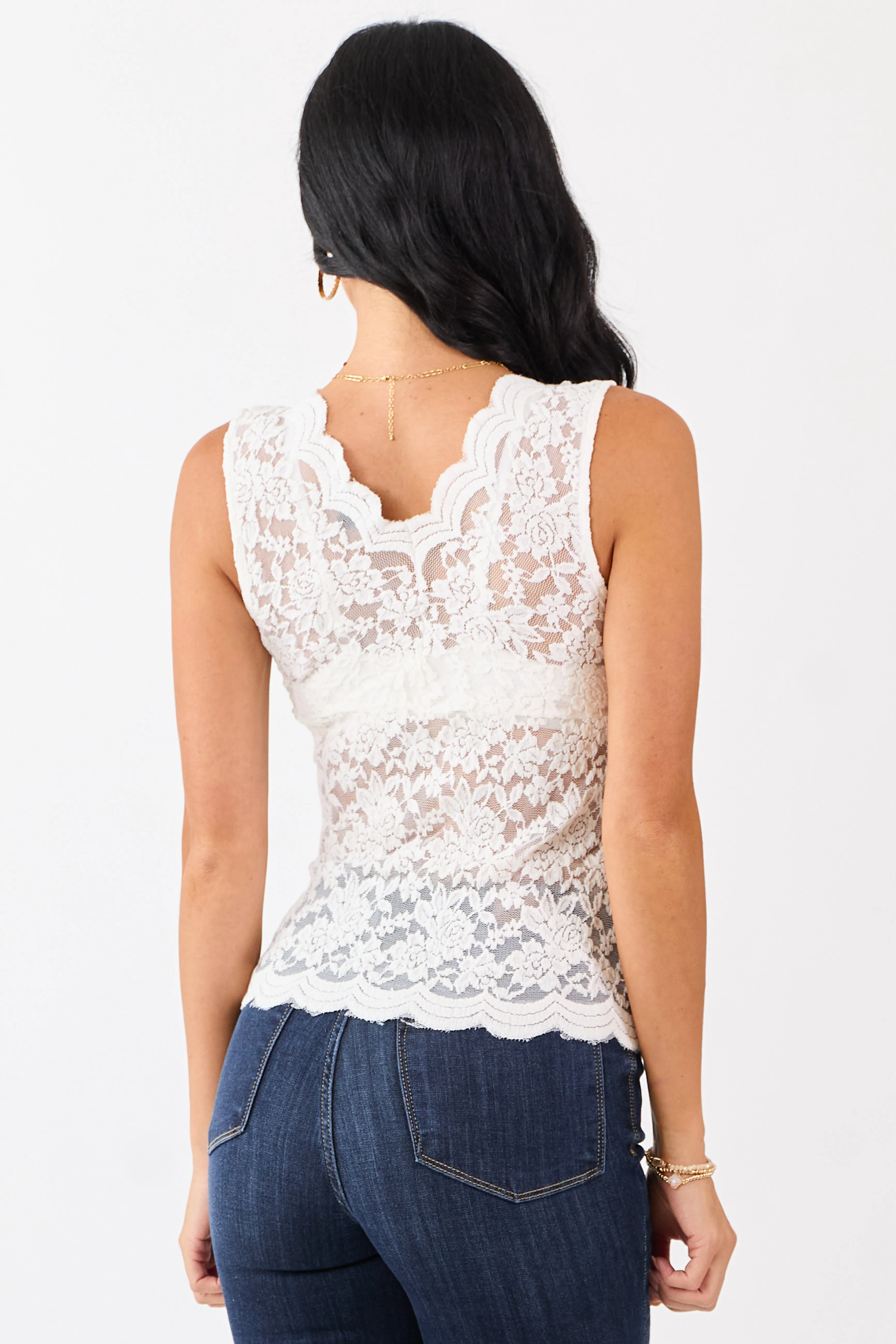 White Sheer Floral Lace V-Neck Tank Top sold by Lime Lush product image thumbnail 5