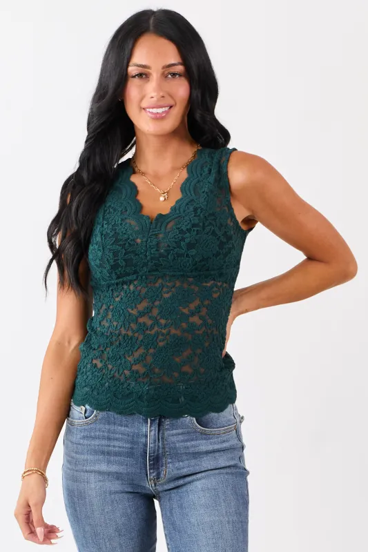 Forest Green Sheer Lace V-Neck Cinched Bust Tank Top sold by Lime Lush