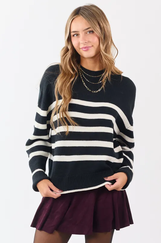 Black and White Striped Ribbed Trim Knit Sweater sold by Lime Lush