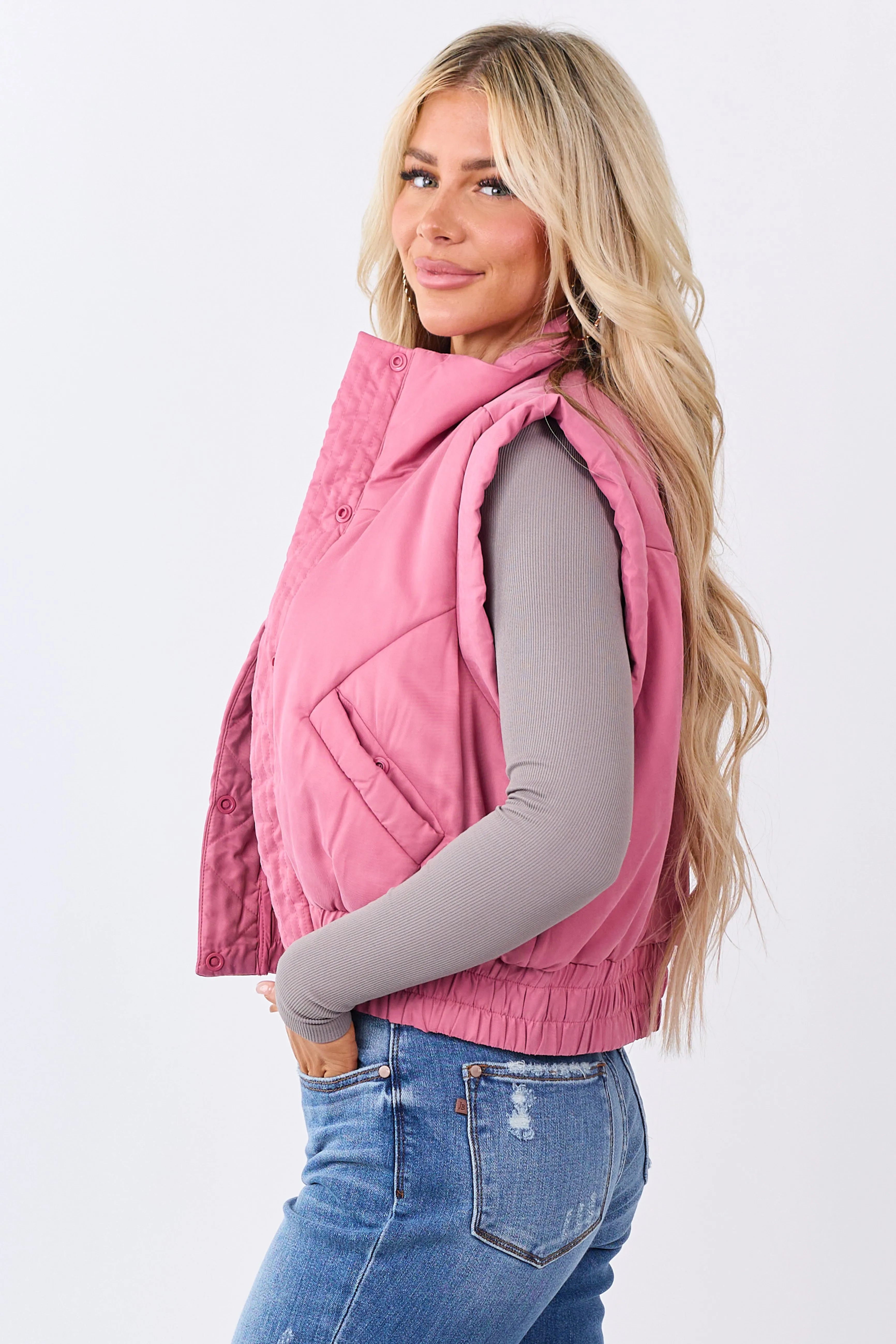 Bubblegum Button Up Mock Neck Puffer Vest sold by Lime Lush product image thumbnail 5