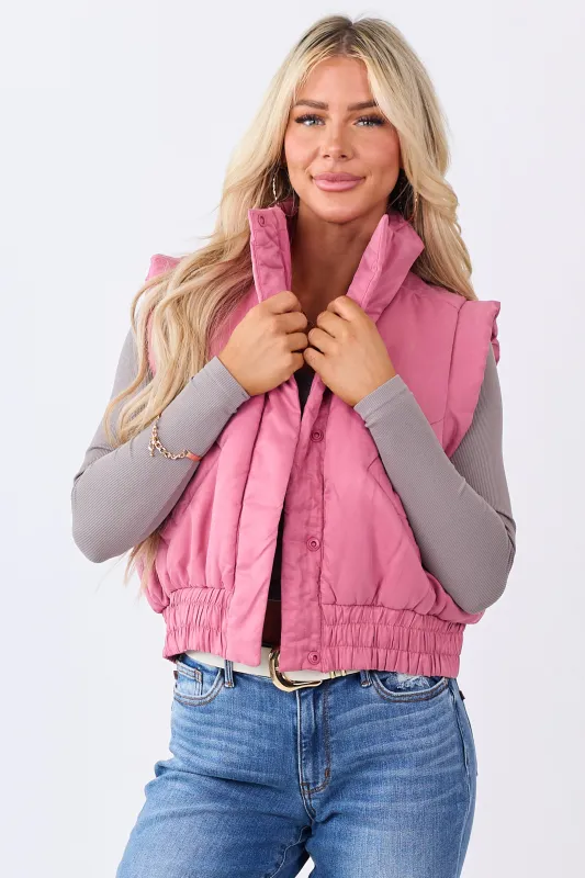 Bubblegum Button Up Mock Neck Puffer Vest sold by Lime Lush