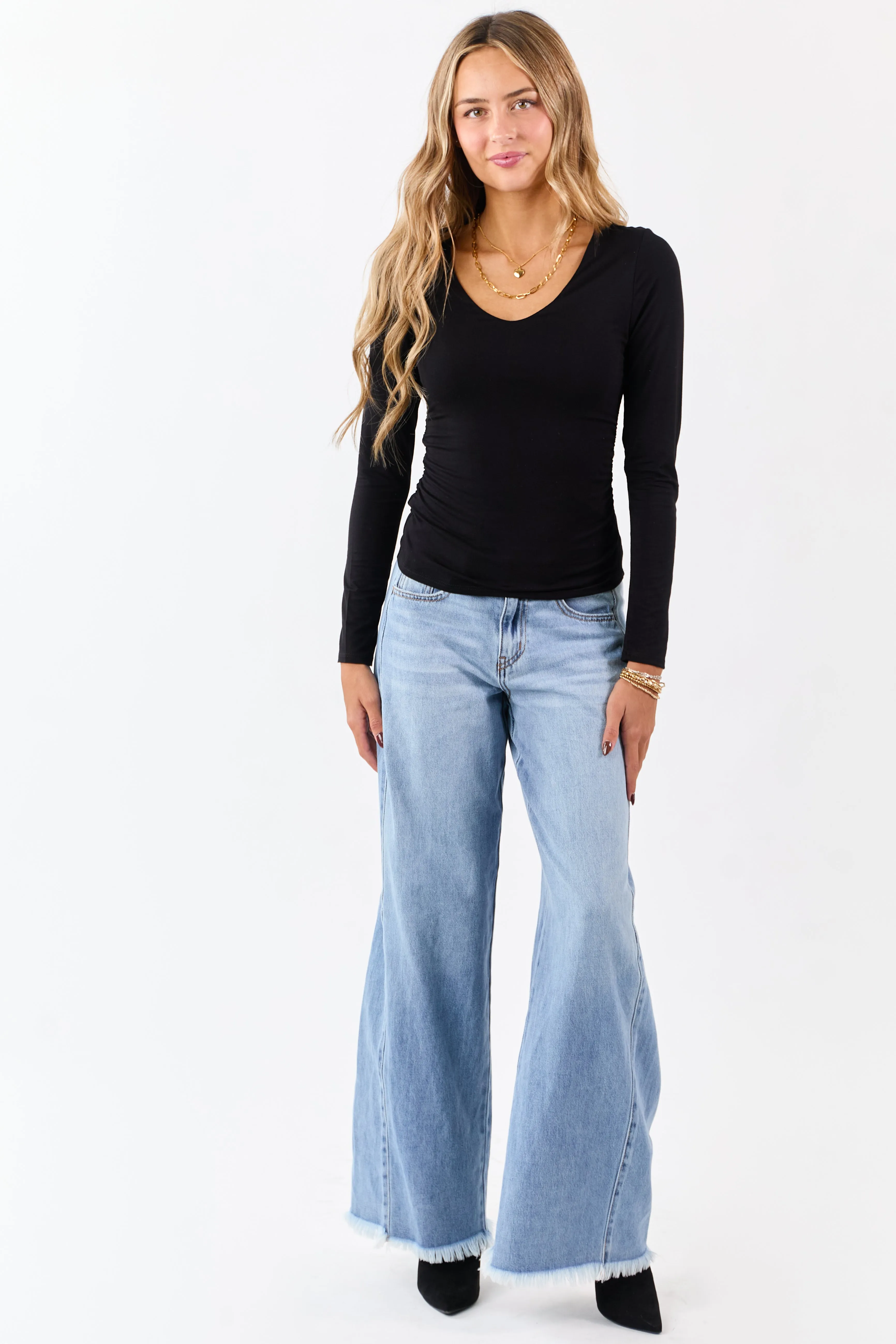 Black V-Neck Ruched Side Double Layer Fitted Top sold by Lime Lush product image thumbnail 3