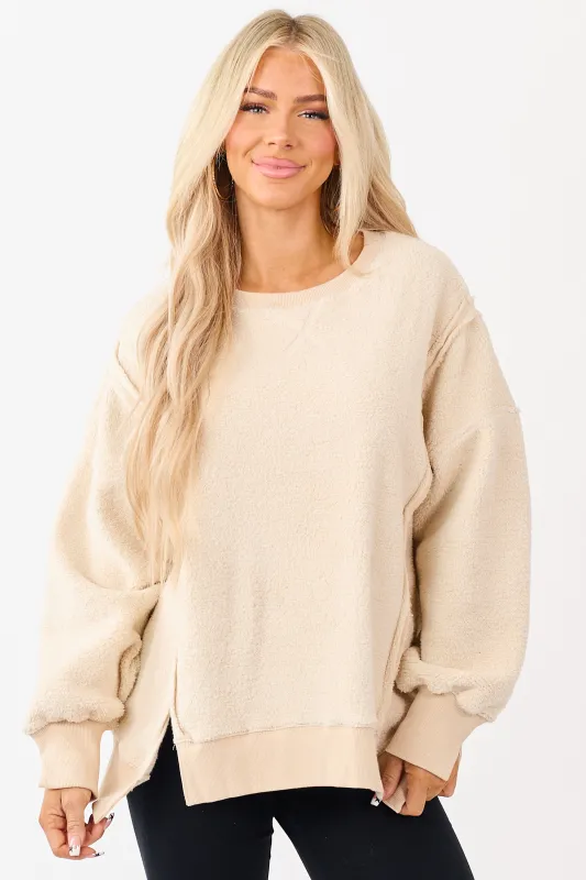 Almond Hem Slit Exposed Seam Fleece Sweater sold by Lime Lush