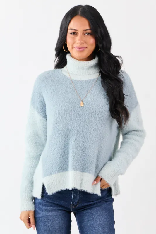 Slate Blue Fuzzy Turtleneck Colorblock Sweater sold by Lime Lush
