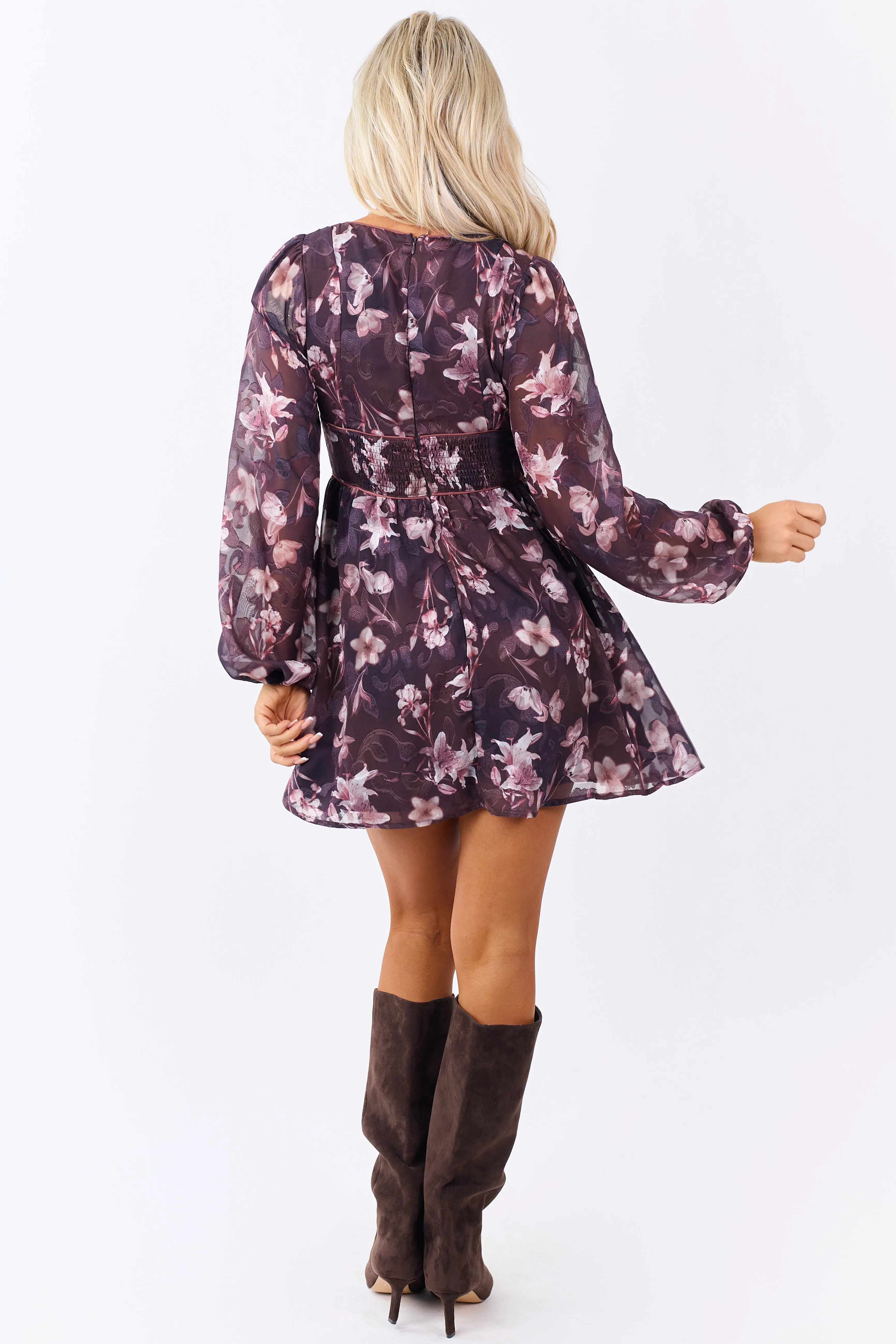 Plum Floral Print Chiffon Deep V Neck Mini Dress sold by Lime Lush product image thumbnail 5