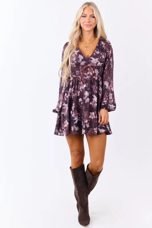 Plum Floral Print Chiffon Deep V Neck Mini Dress sold by Lime Lush