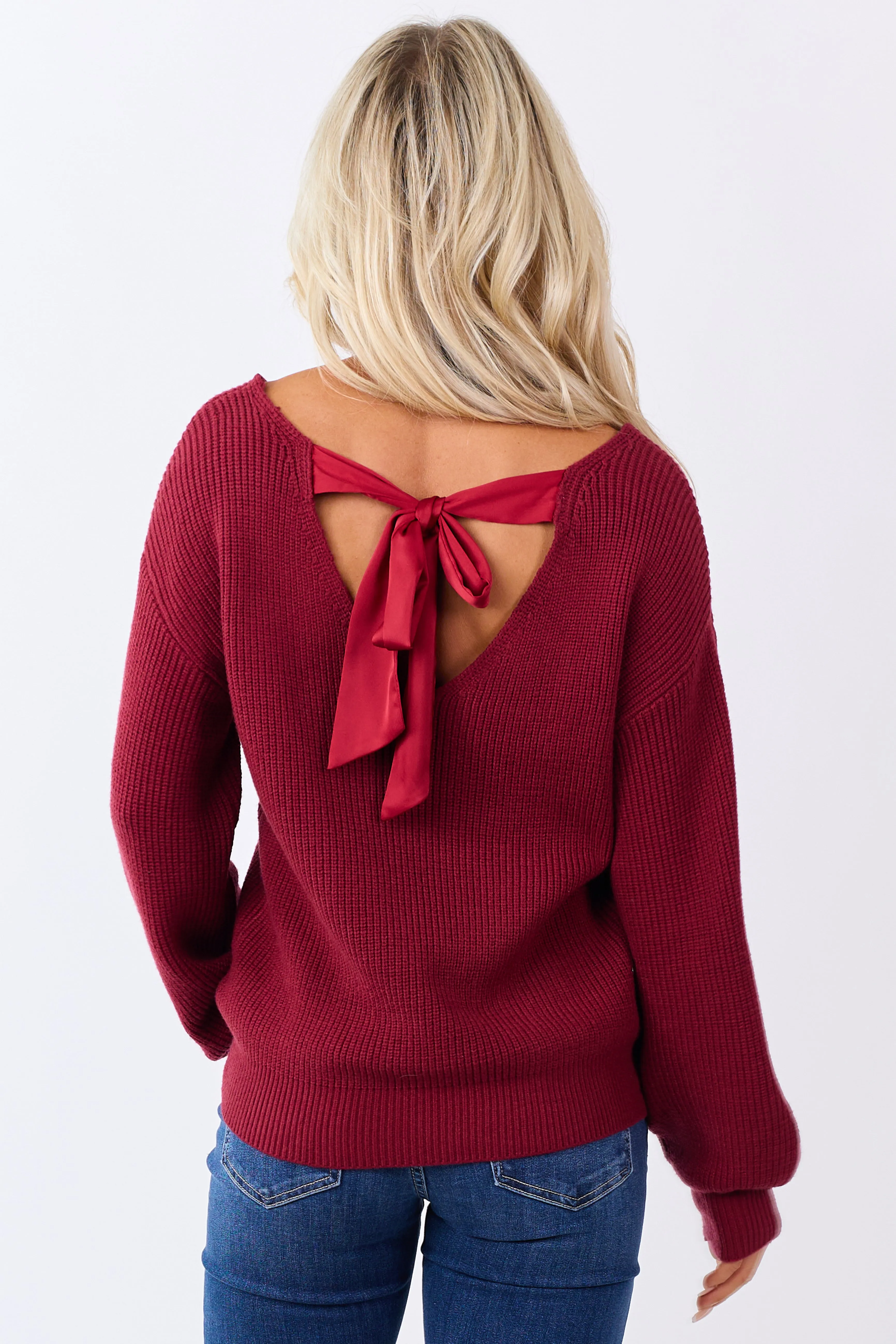 Maroon Rib Knit Low V Back Contrast Ribbon Sweater sold by Lime Lush product image thumbnail 5