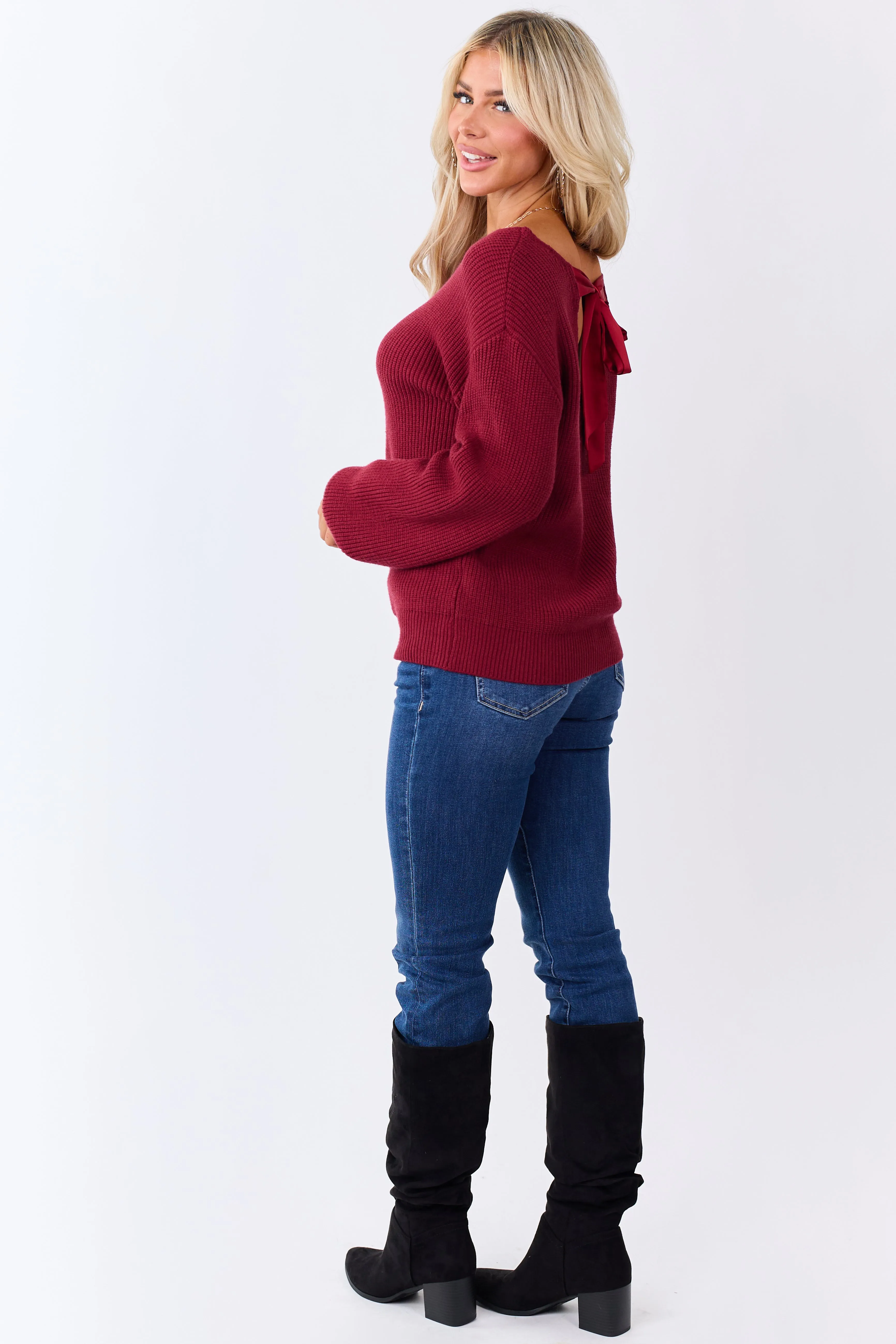 Maroon Rib Knit Low V Back Contrast Ribbon Sweater sold by Lime Lush product image thumbnail 2