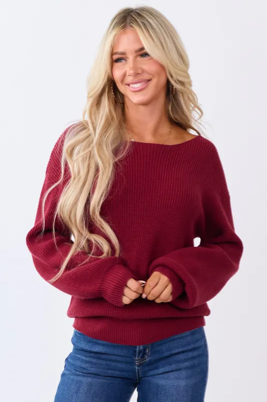 Maroon Rib Knit Low V Back Contrast Ribbon Sweater sold by Lime Lush