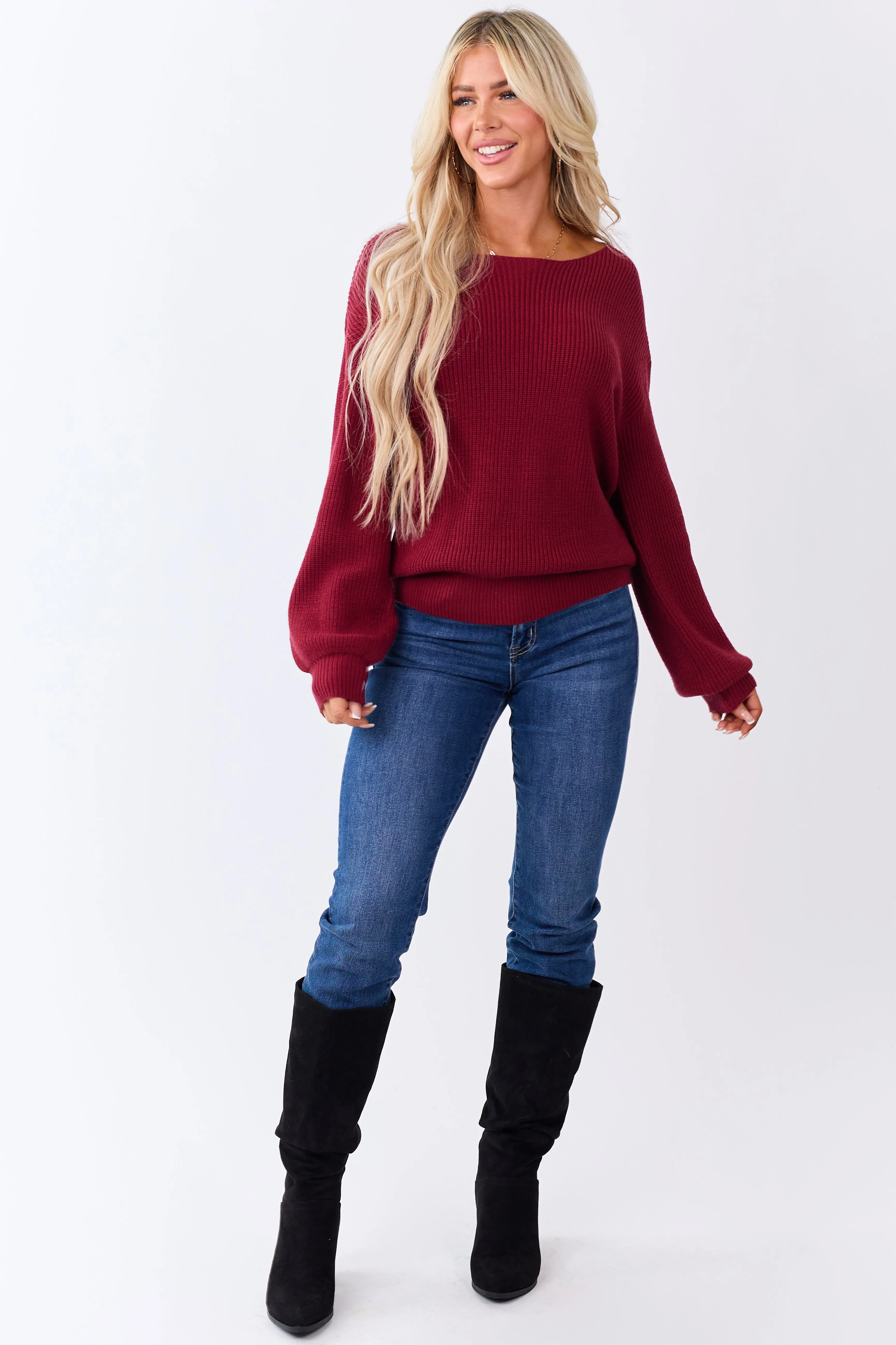 Maroon Rib Knit Low V Back Contrast Ribbon Sweater sold by Lime Lush product image thumbnail 3