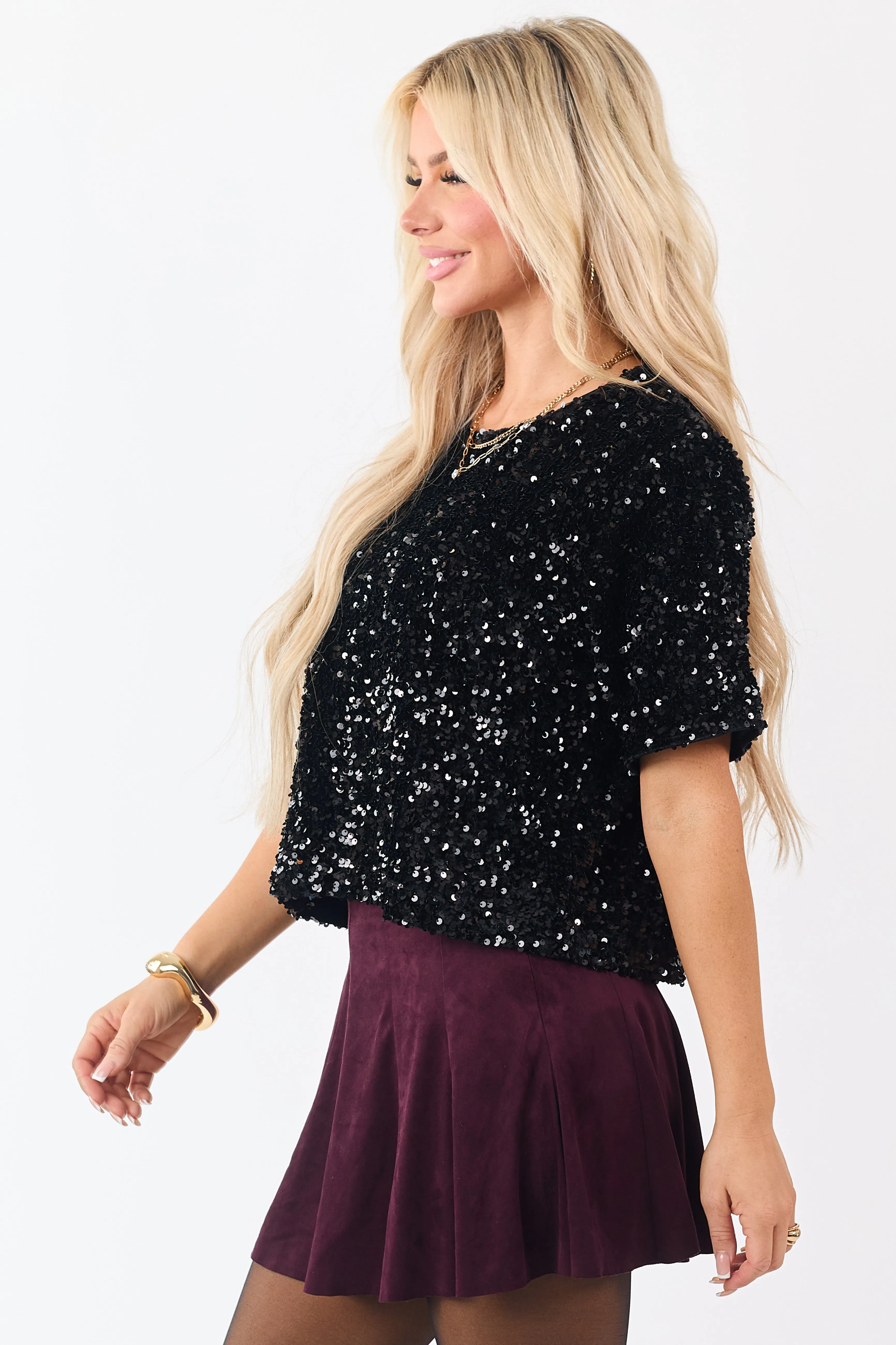 She+Sky Black Sequined Short Sleeve Top sold by Lime Lush product image thumbnail 4