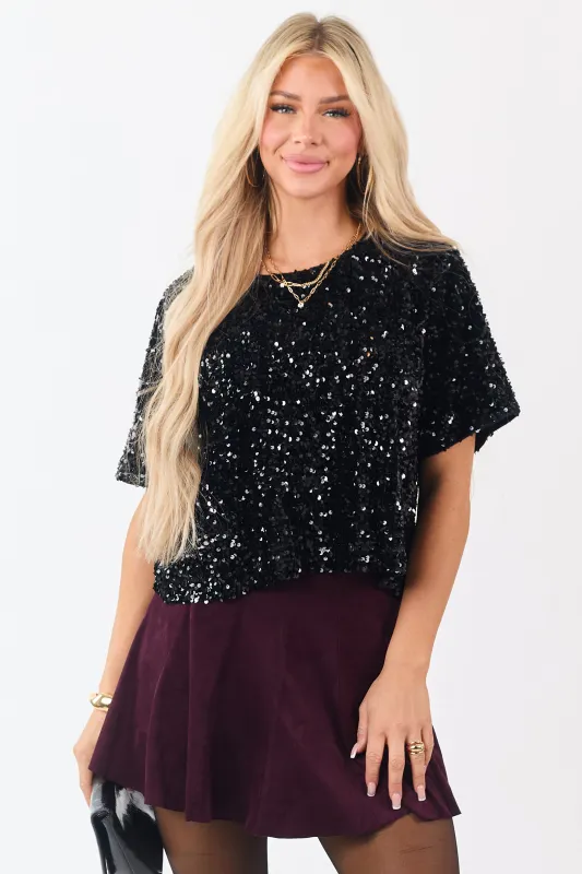 She+Sky Black Sequined Short Sleeve Top sold by Lime Lush