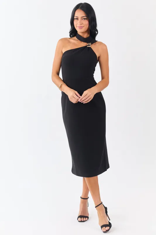 Black Gold Hardware Halter Neck Midi Dress sold by Lime Lush