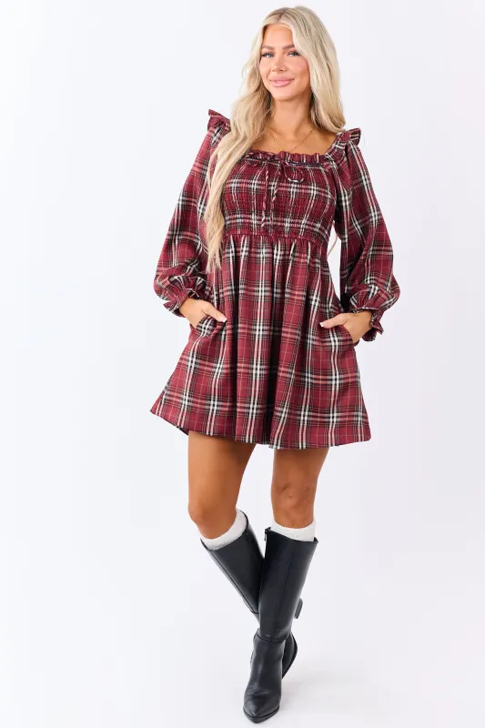Sangria Plaid Ruffle Trim Smocked Bodice Mini Dress sold by Lime Lush