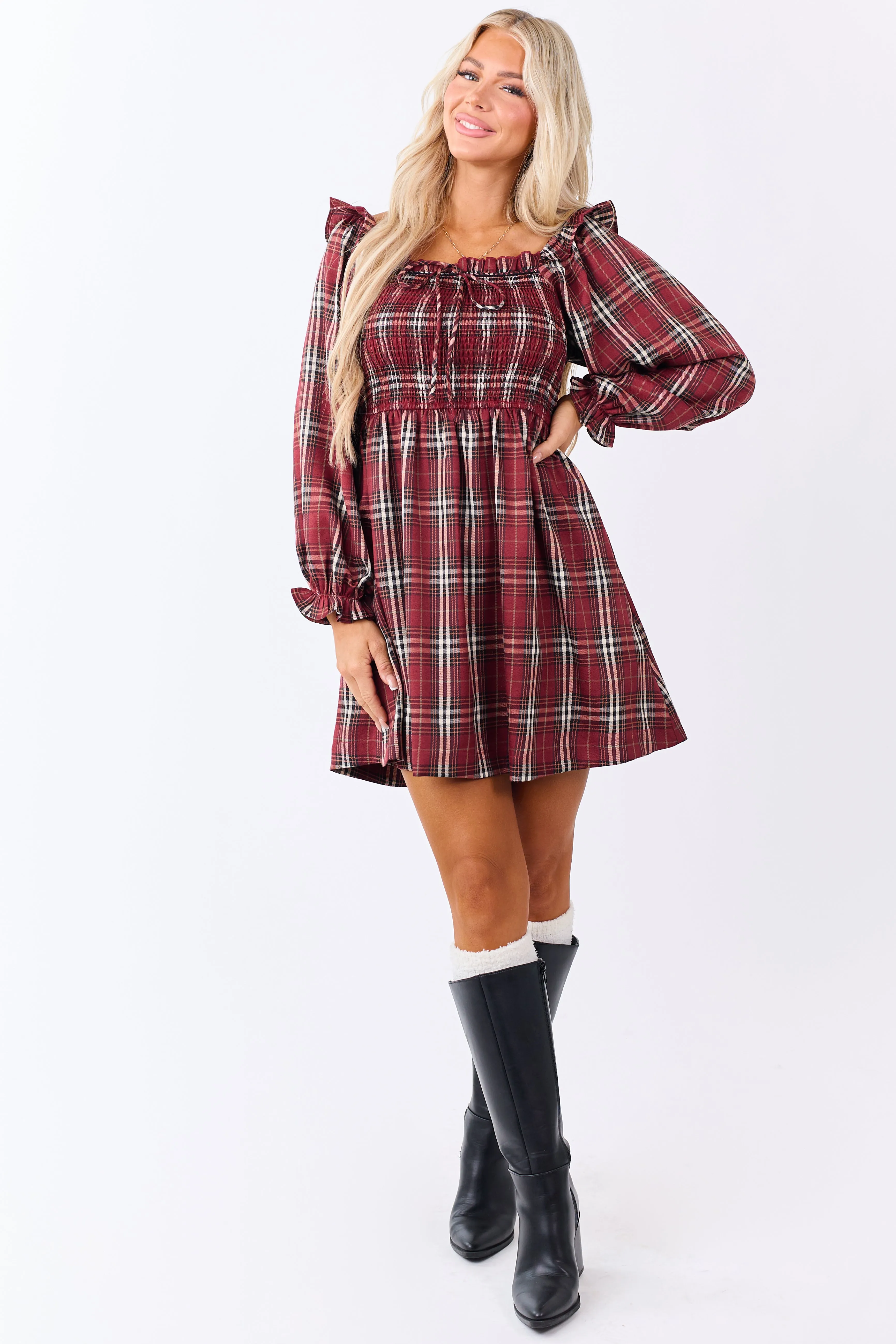Sangria Plaid Ruffle Trim Smocked Bodice Mini Dress sold by Lime Lush product image thumbnail 3