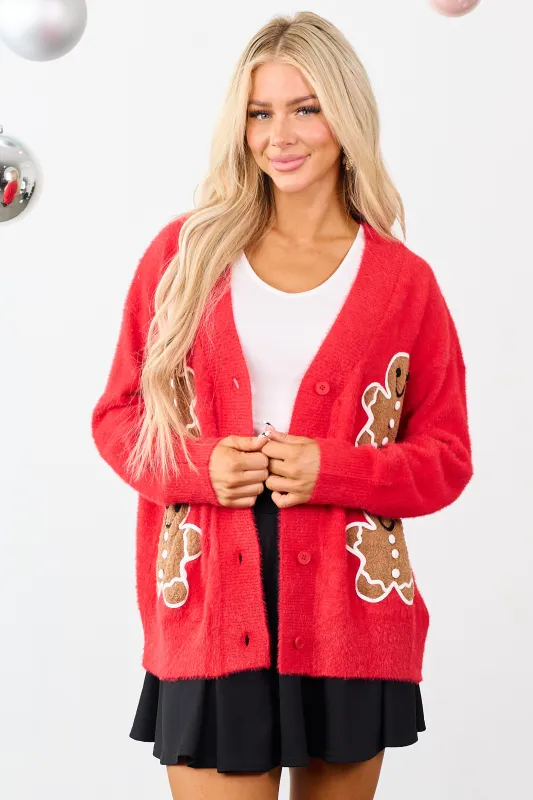 Lipstick Gingerbread Graphic Eyelash Knit Cardigan sold by Lime Lush
