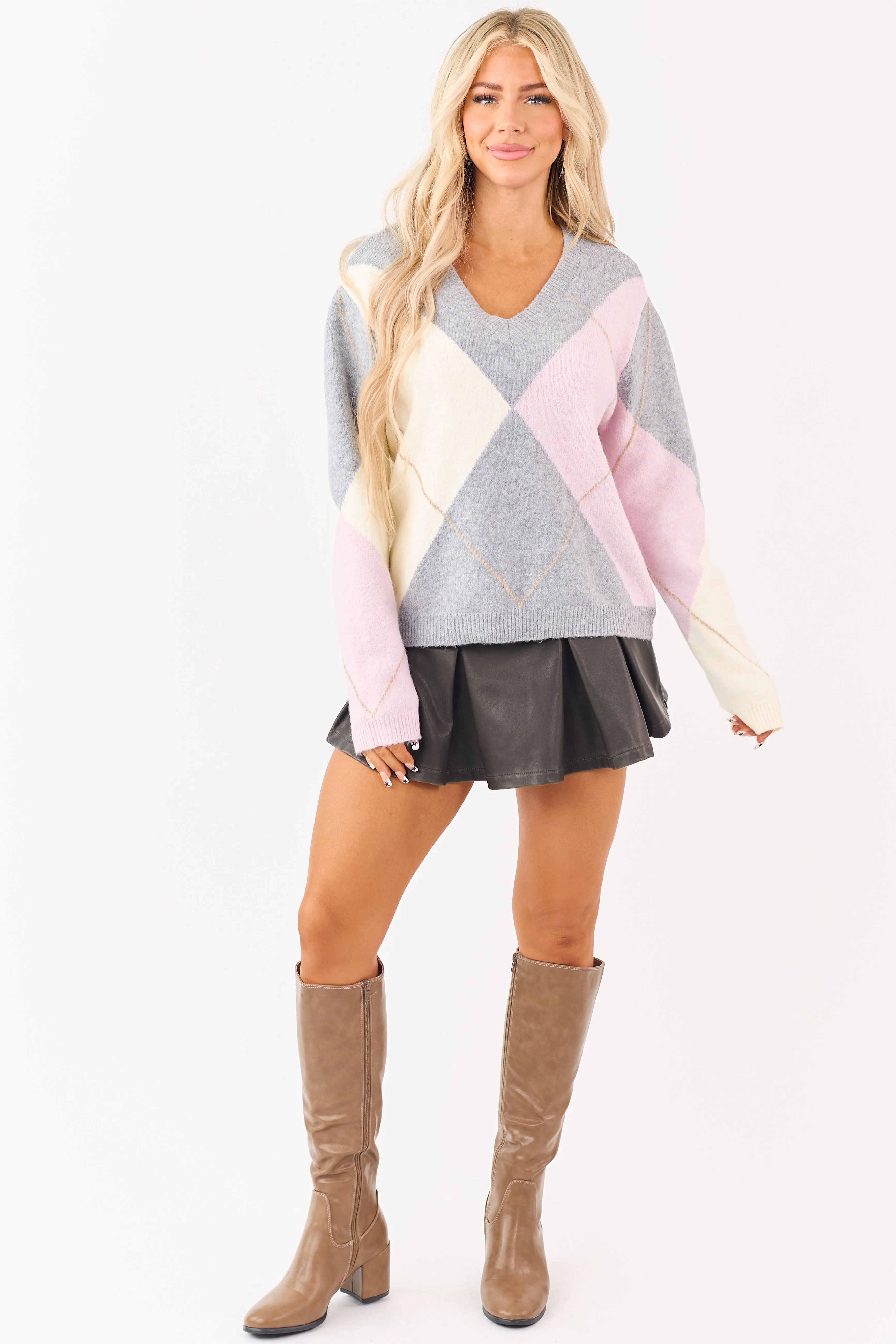Dove Grey Argyle Pattern V-Neck Knit Sweater sold by Lime Lush product image thumbnail 3