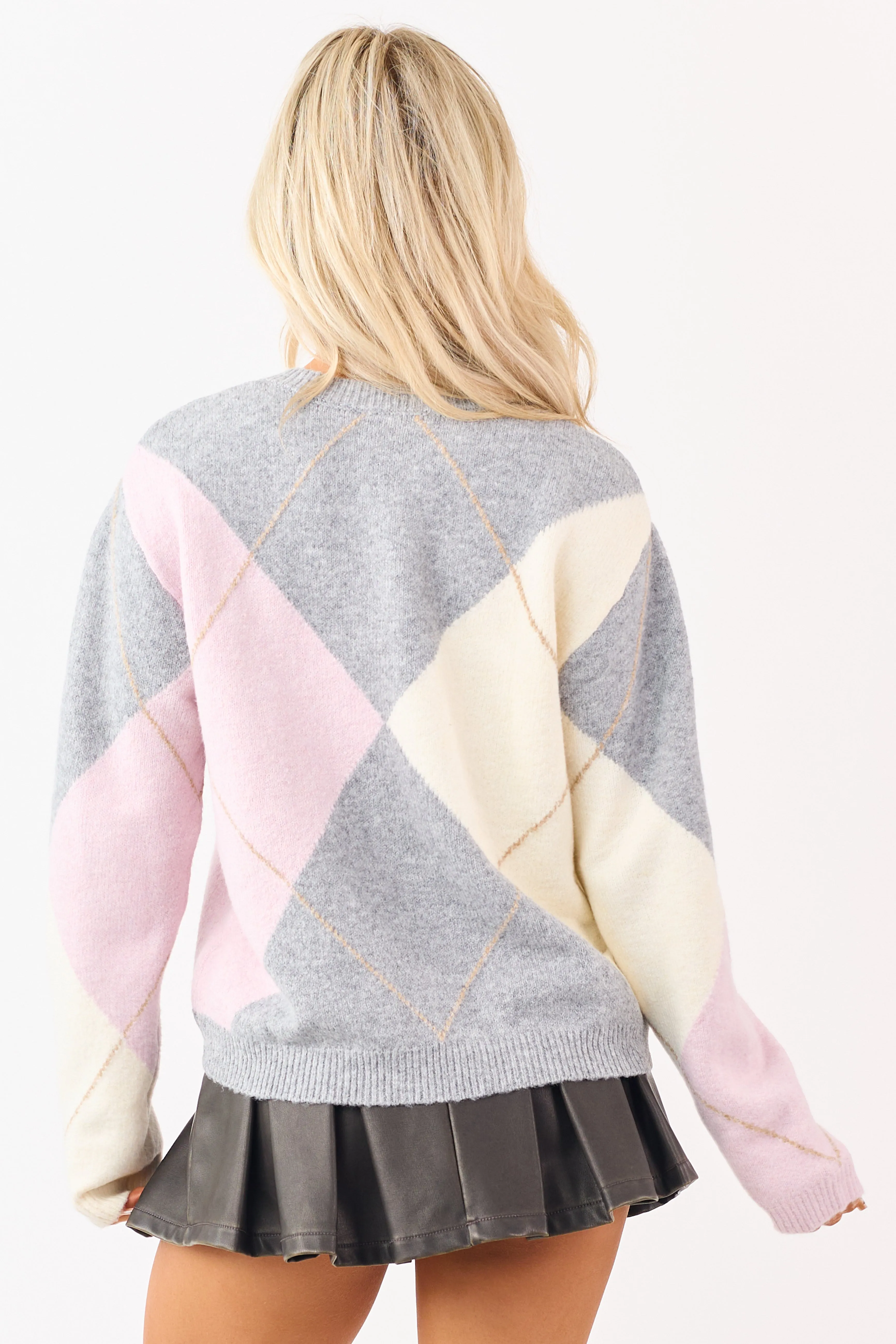 Dove Grey Argyle Pattern V-Neck Knit Sweater sold by Lime Lush product image thumbnail 5