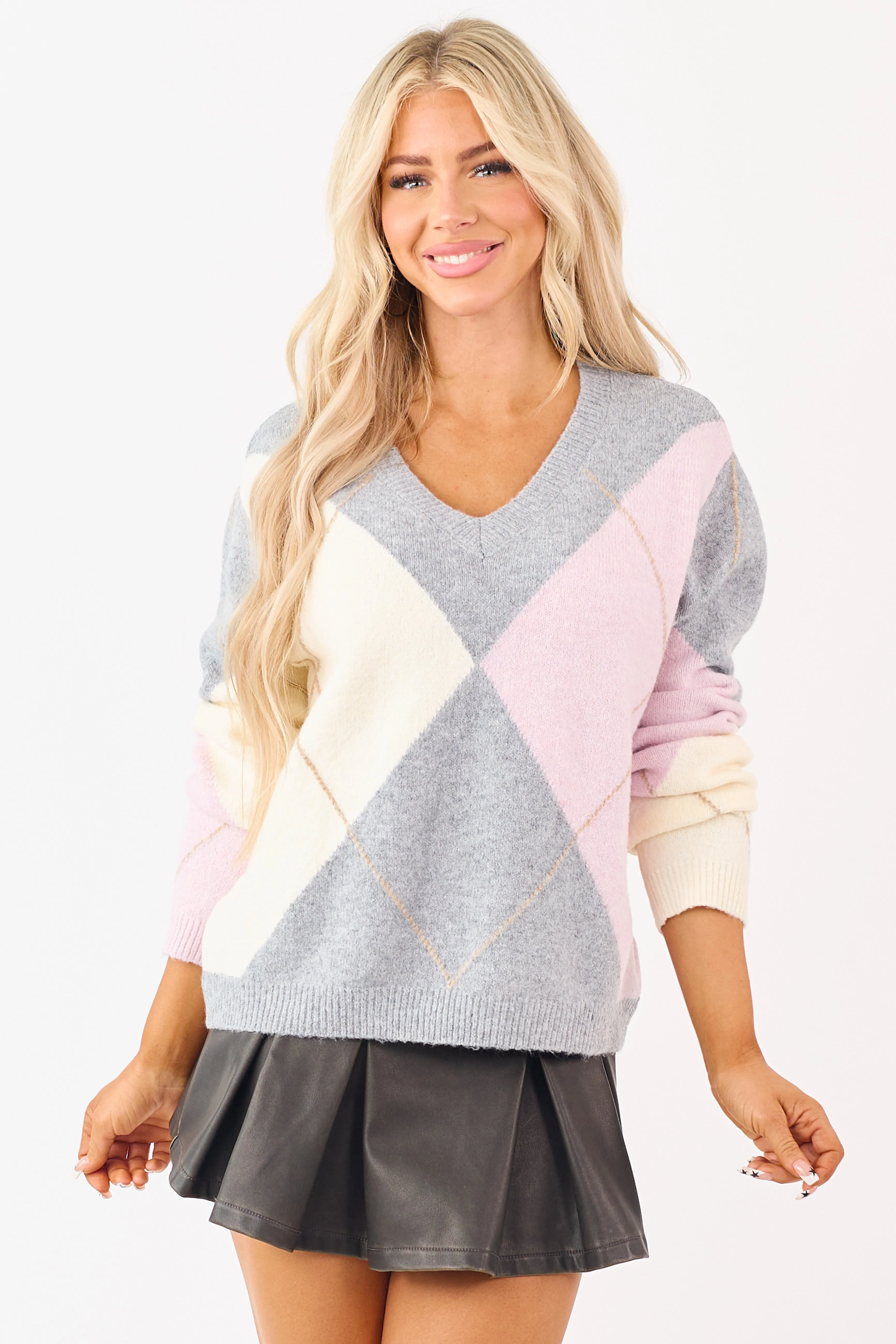 Dove Grey Argyle Pattern V-Neck Knit Sweater sold by Lime Lush