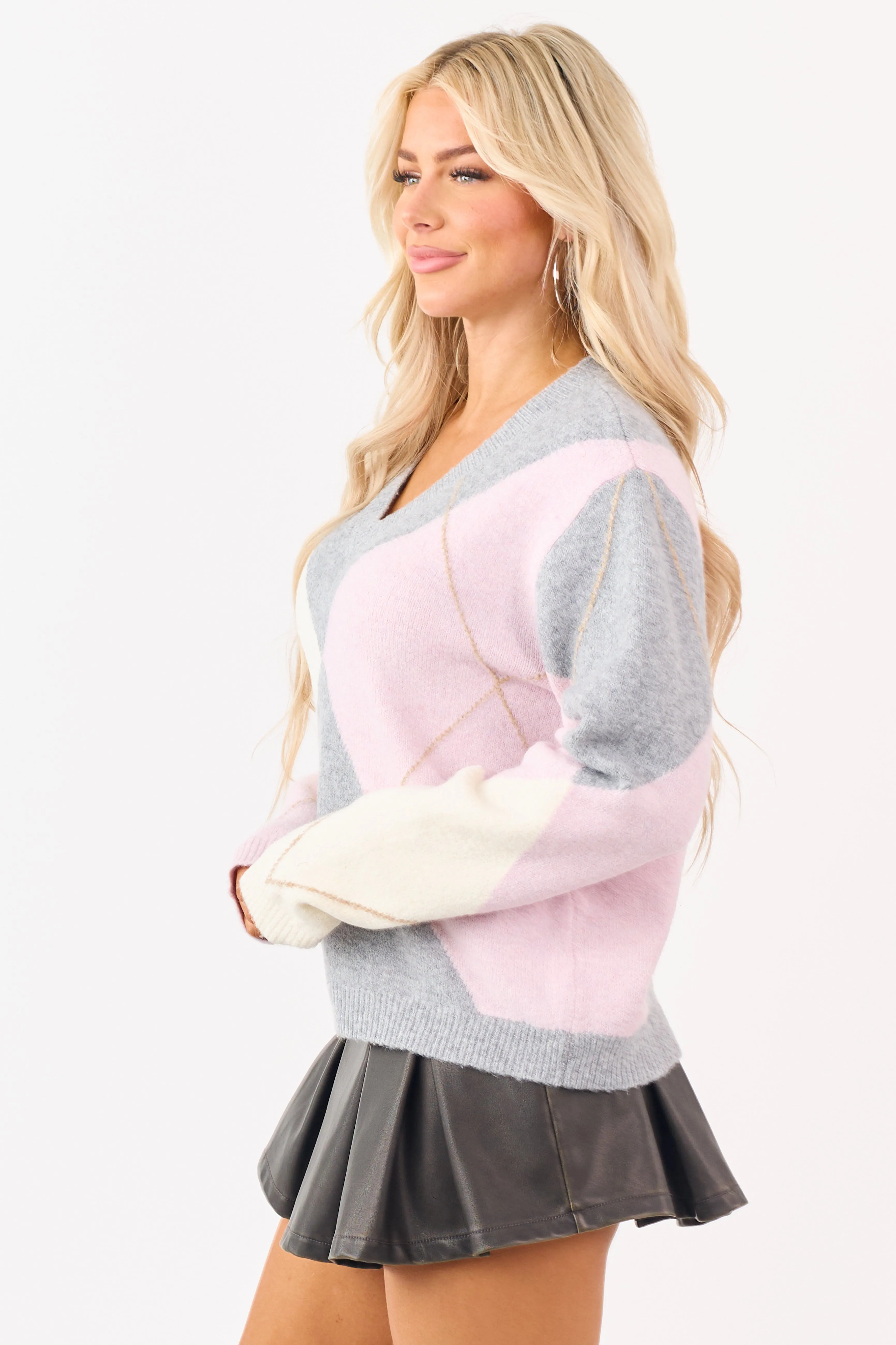 Dove Grey Argyle Pattern V-Neck Knit Sweater sold by Lime Lush product image thumbnail 4
