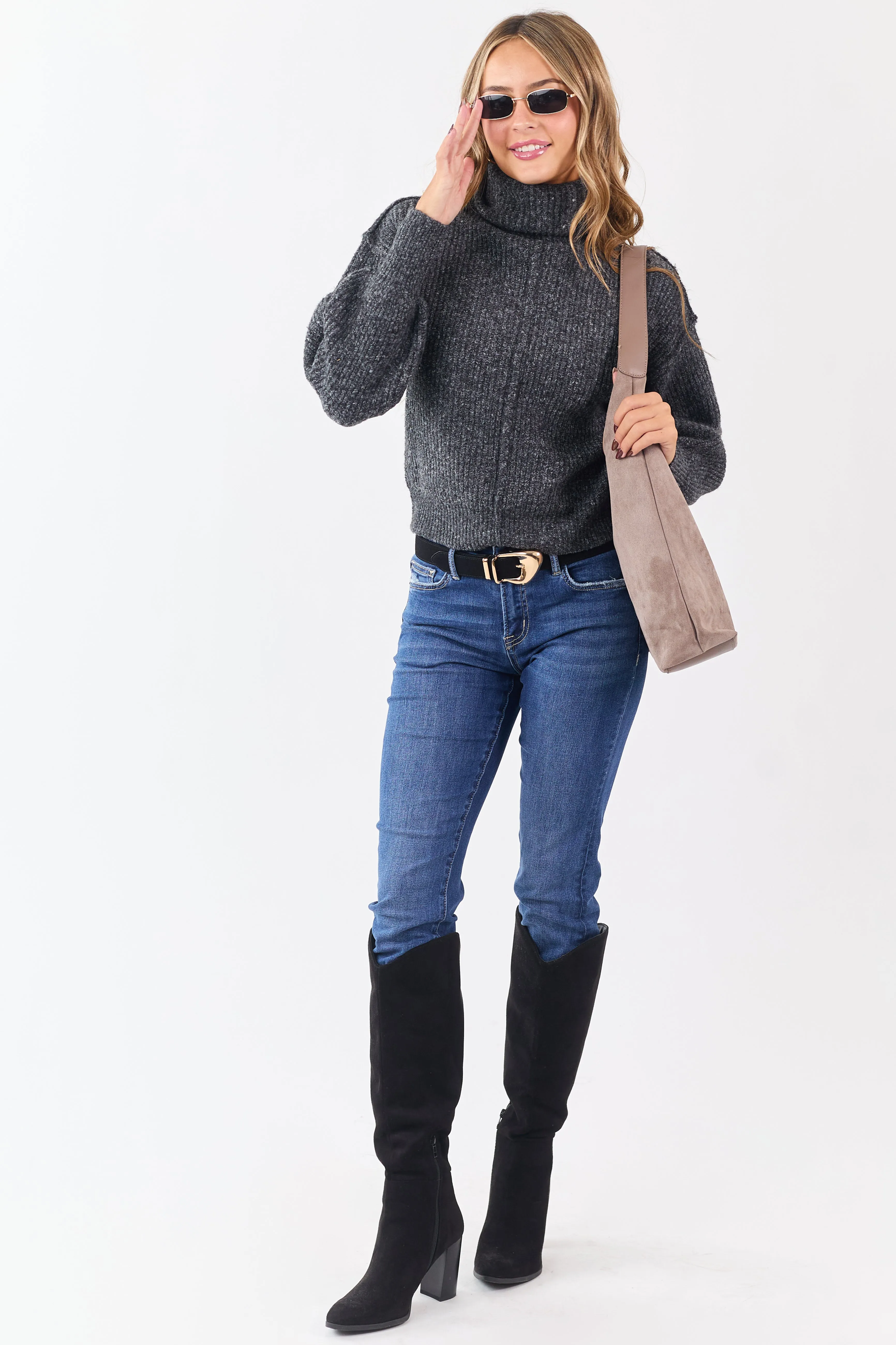 Heathered Charcoal Turtleneck Bubble Sleeve Sweater sold by Lime Lush product image thumbnail 3