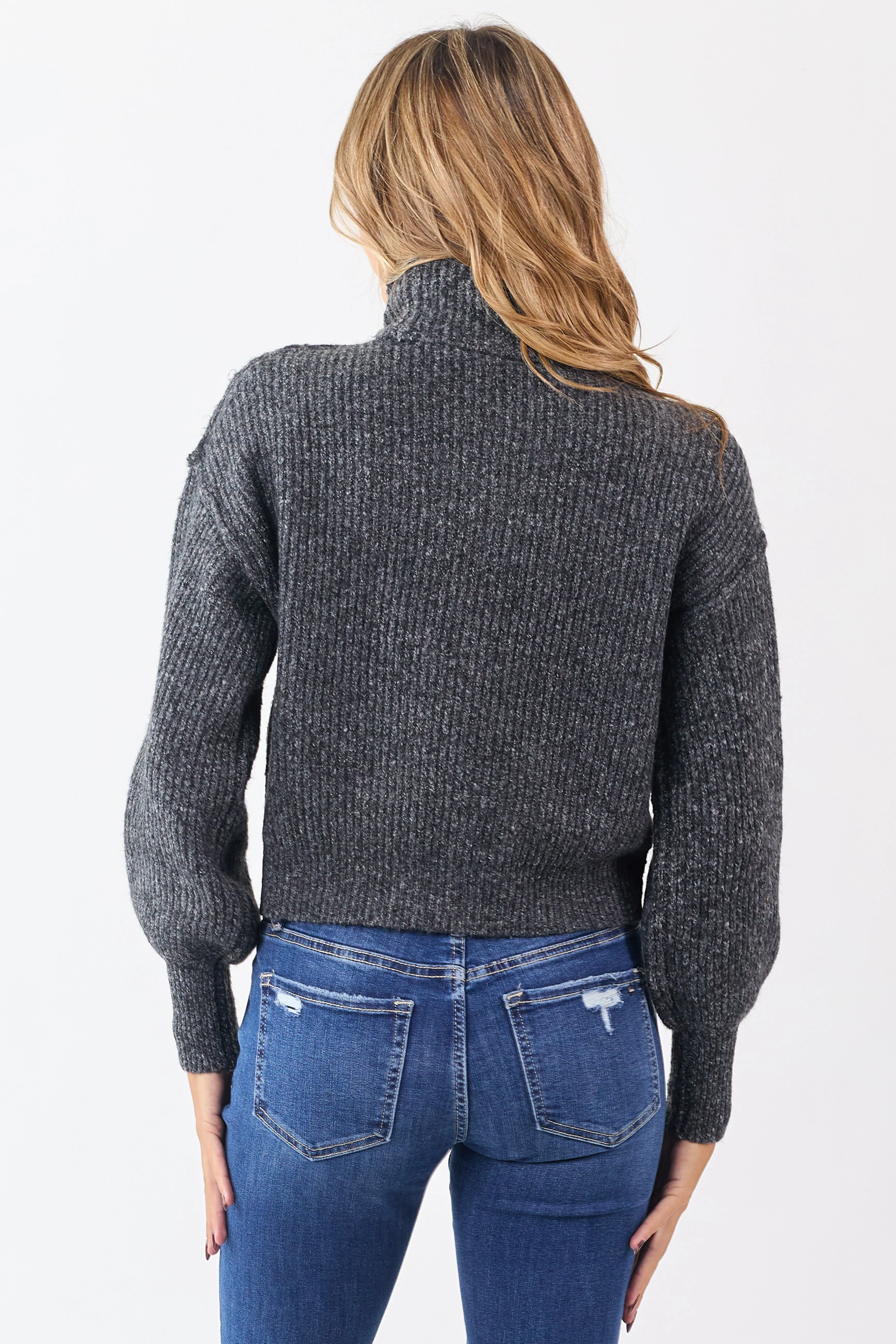 Heathered Charcoal Turtleneck Bubble Sleeve Sweater sold by Lime Lush product image thumbnail 5